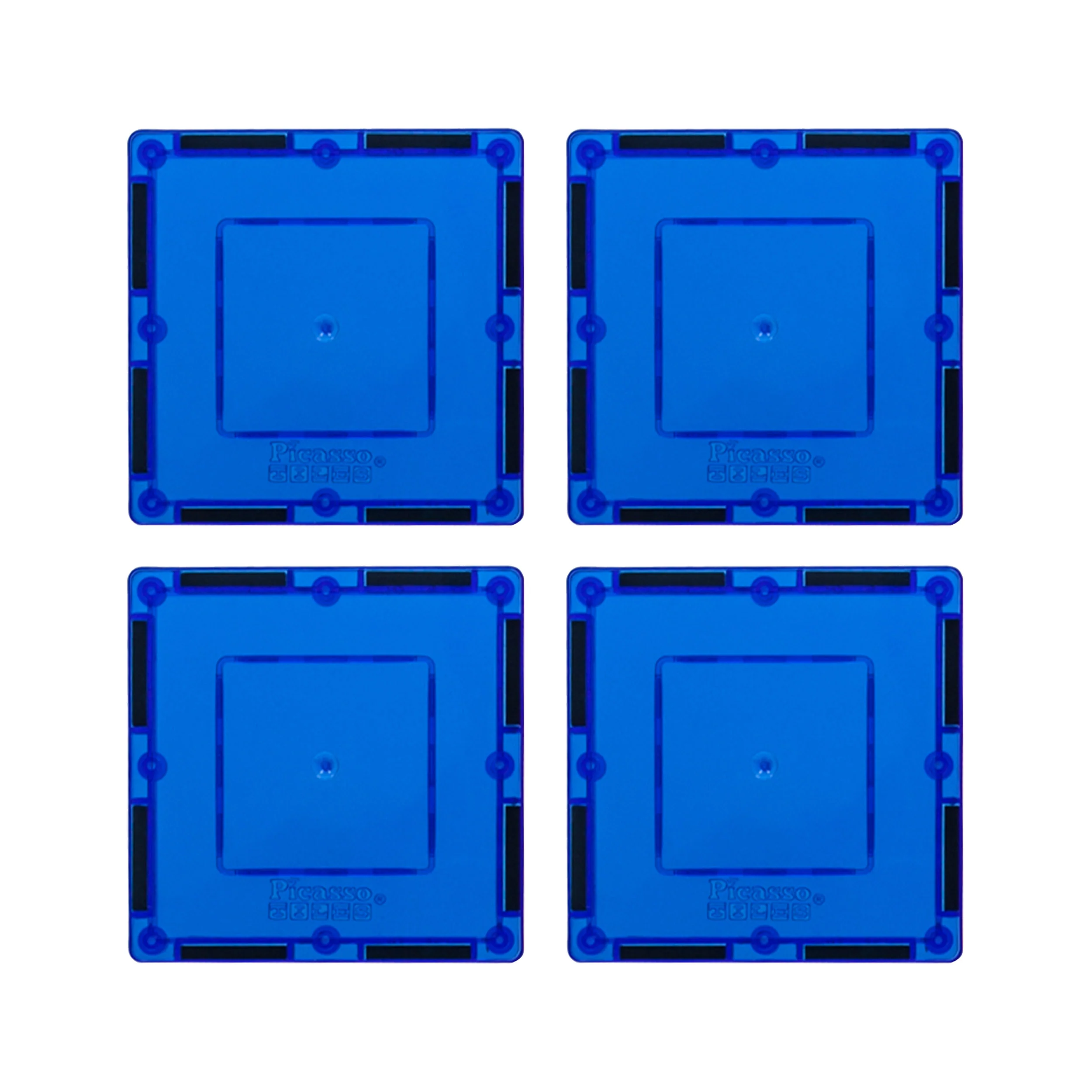 PicassoTiles 4 Piece 3" x 3" Blue Square Magnetic Tiles