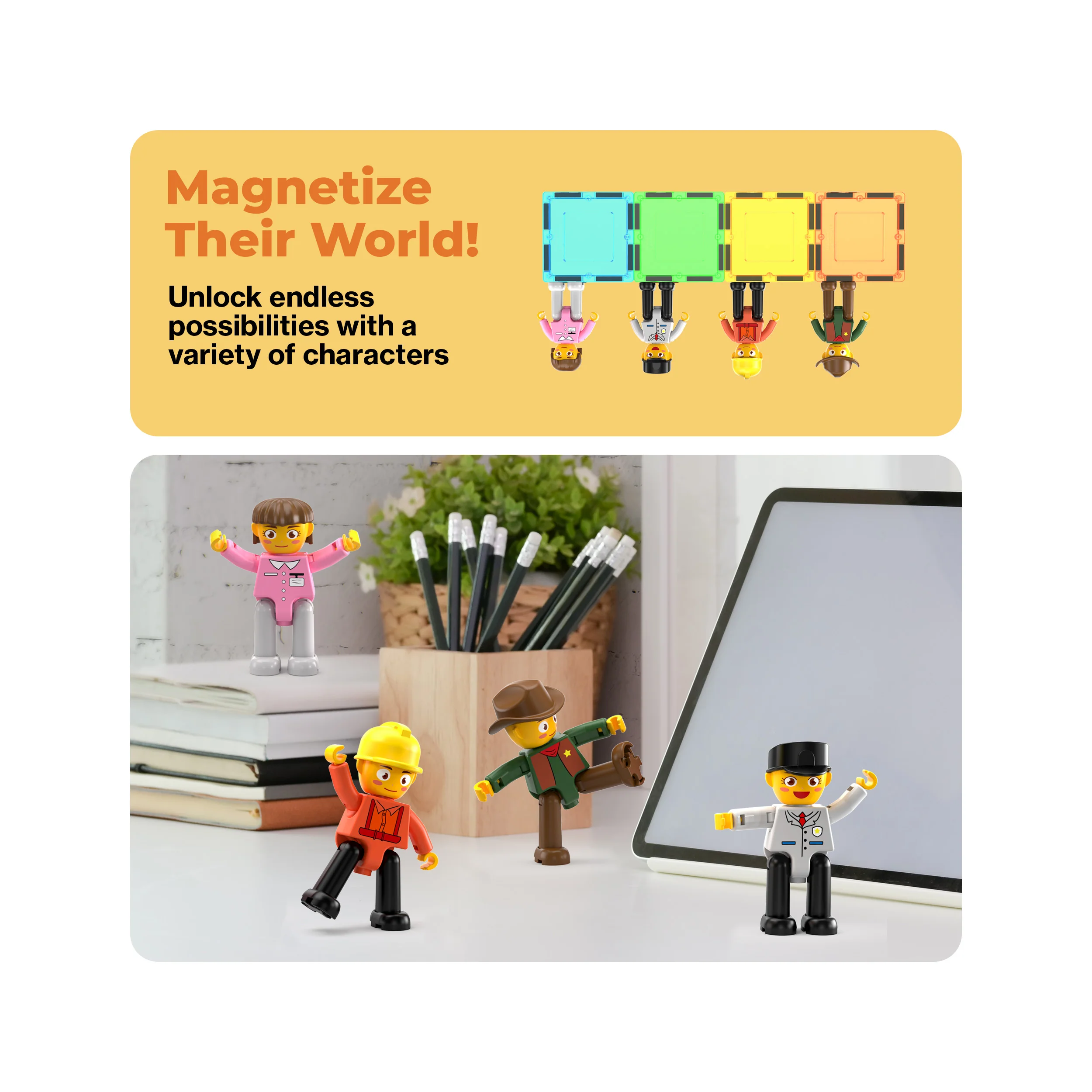 PicassoTiles 4 Piece Career Character Action Figure Magnet Tile Playset - Image 7
