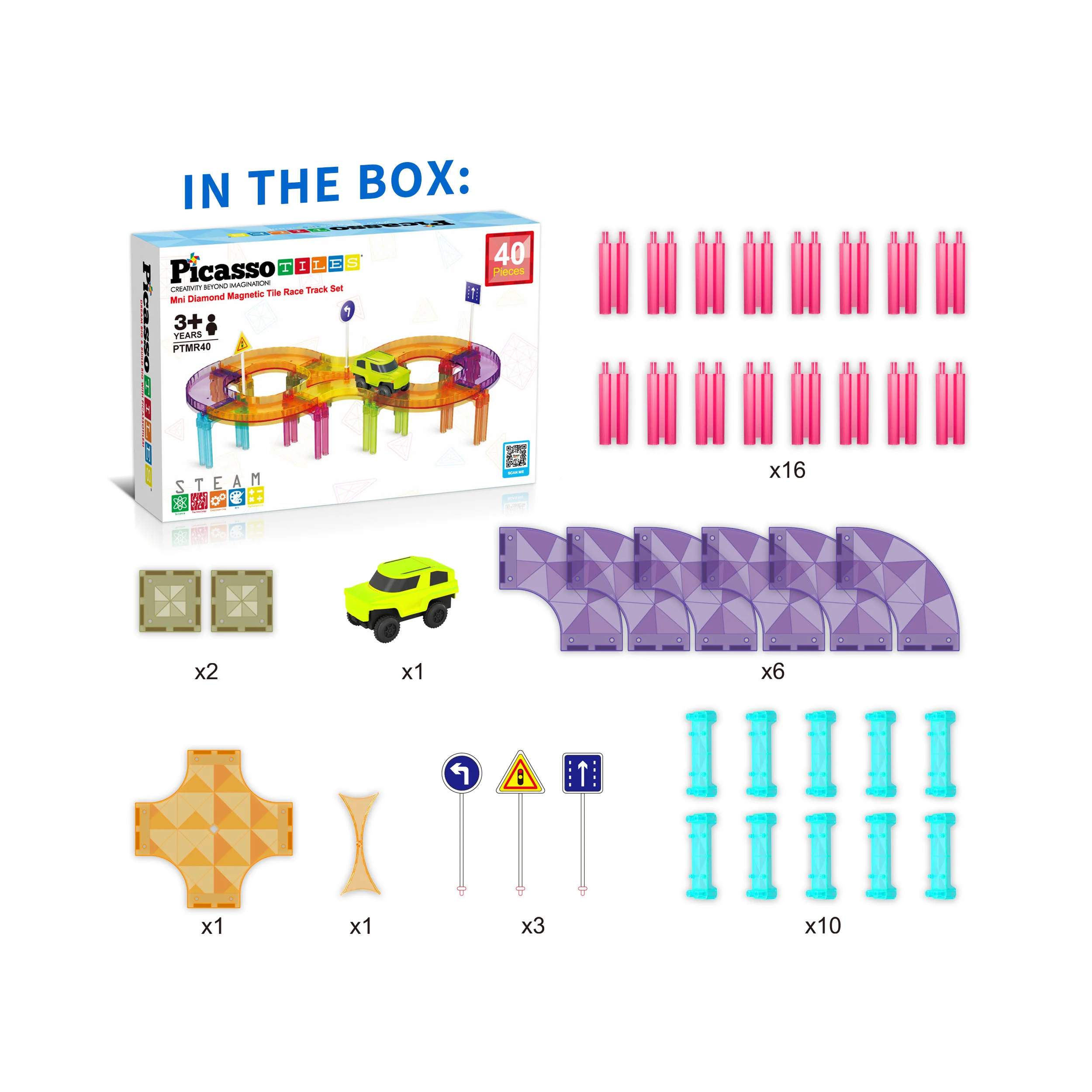 PicassoTiles 40pc Magnetic Tiles Race Track Travel Toy with Car - Image 3