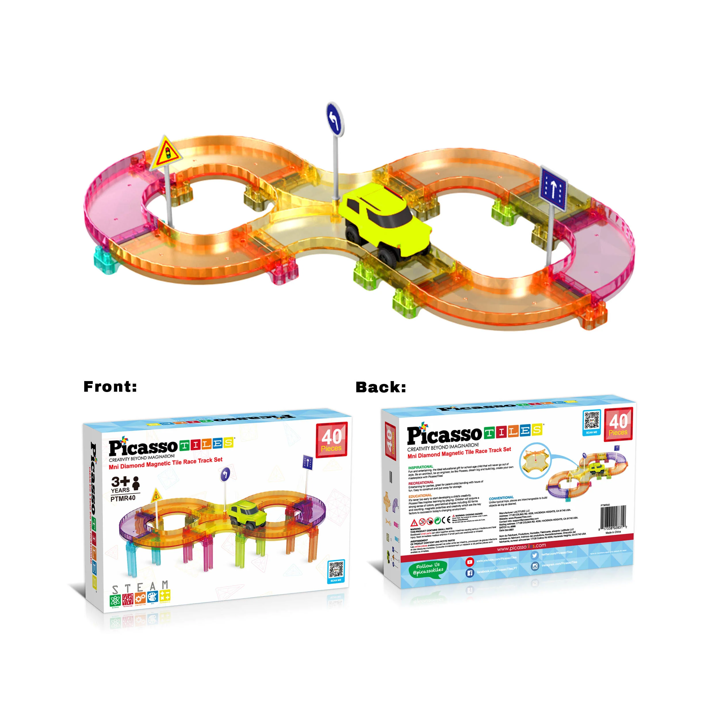 PicassoTiles 40pc Magnetic Tiles Race Track Travel Toy with Car - Image 8