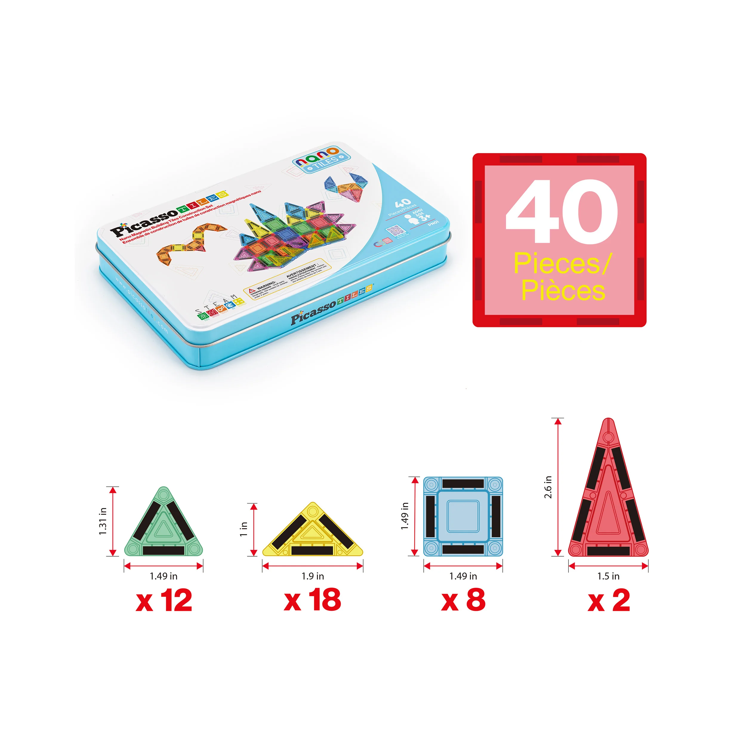 PicassoTiles Nano Magnetic Tiles Travel Set (40 Pieces) with Storage Tin - Image 3