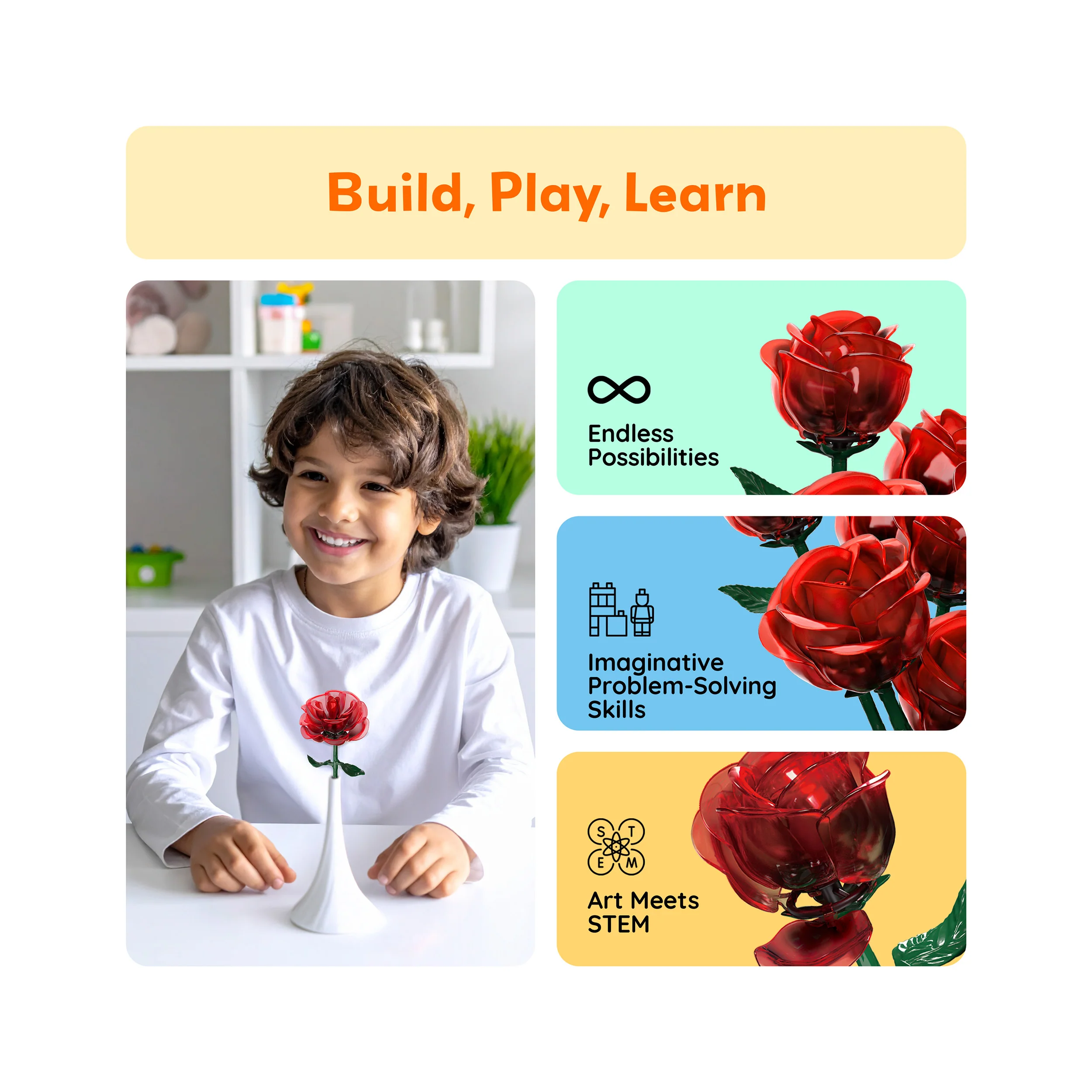 PicassoTiles 45pc Red Stem Rose Building Set - Image 3