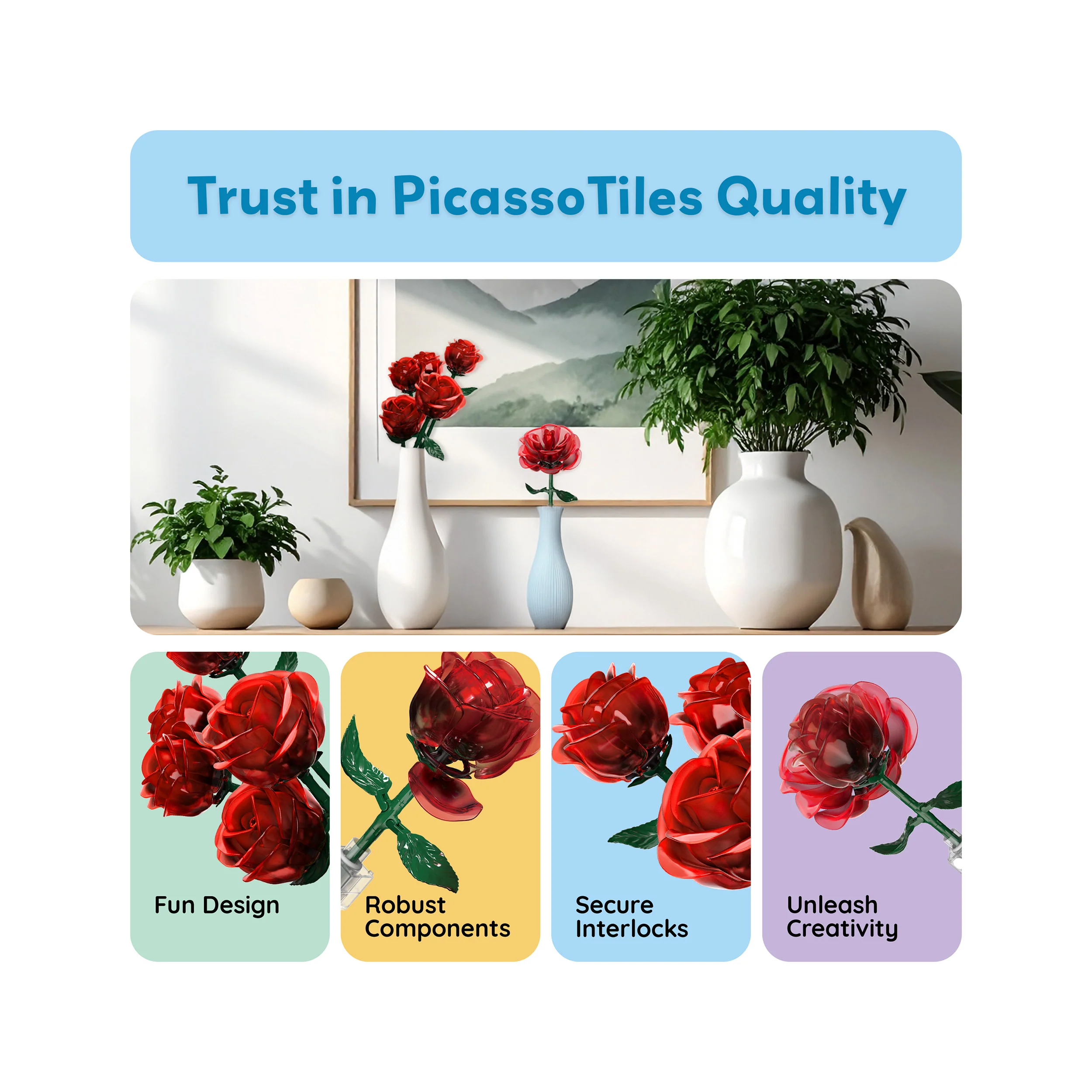 PicassoTiles 45pc Red Stem Rose Building Set - Image 6