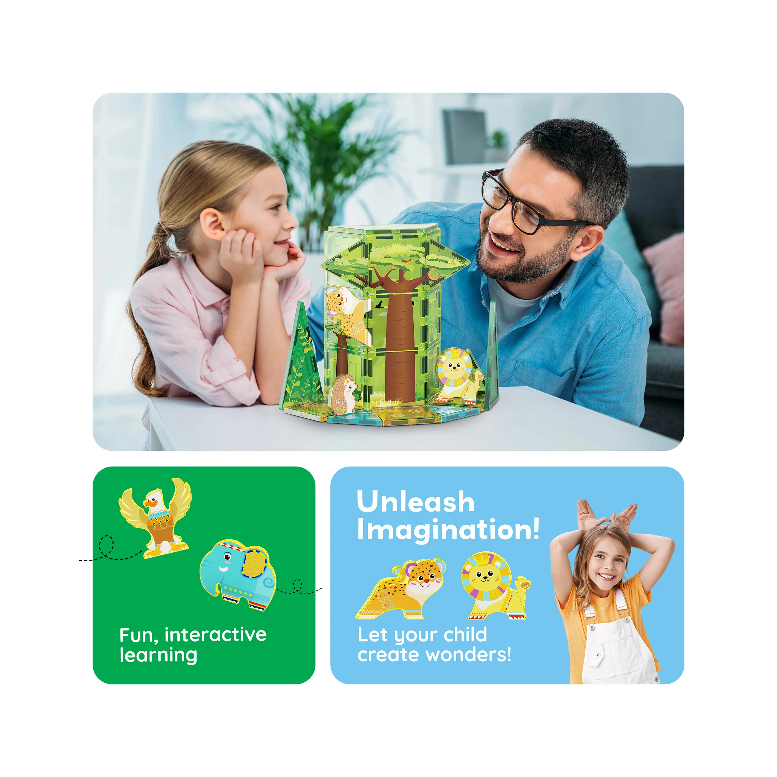 PicassoTiles Safari Magnet Tile Building Blocks with 8 Magnetic Animals - Image 5