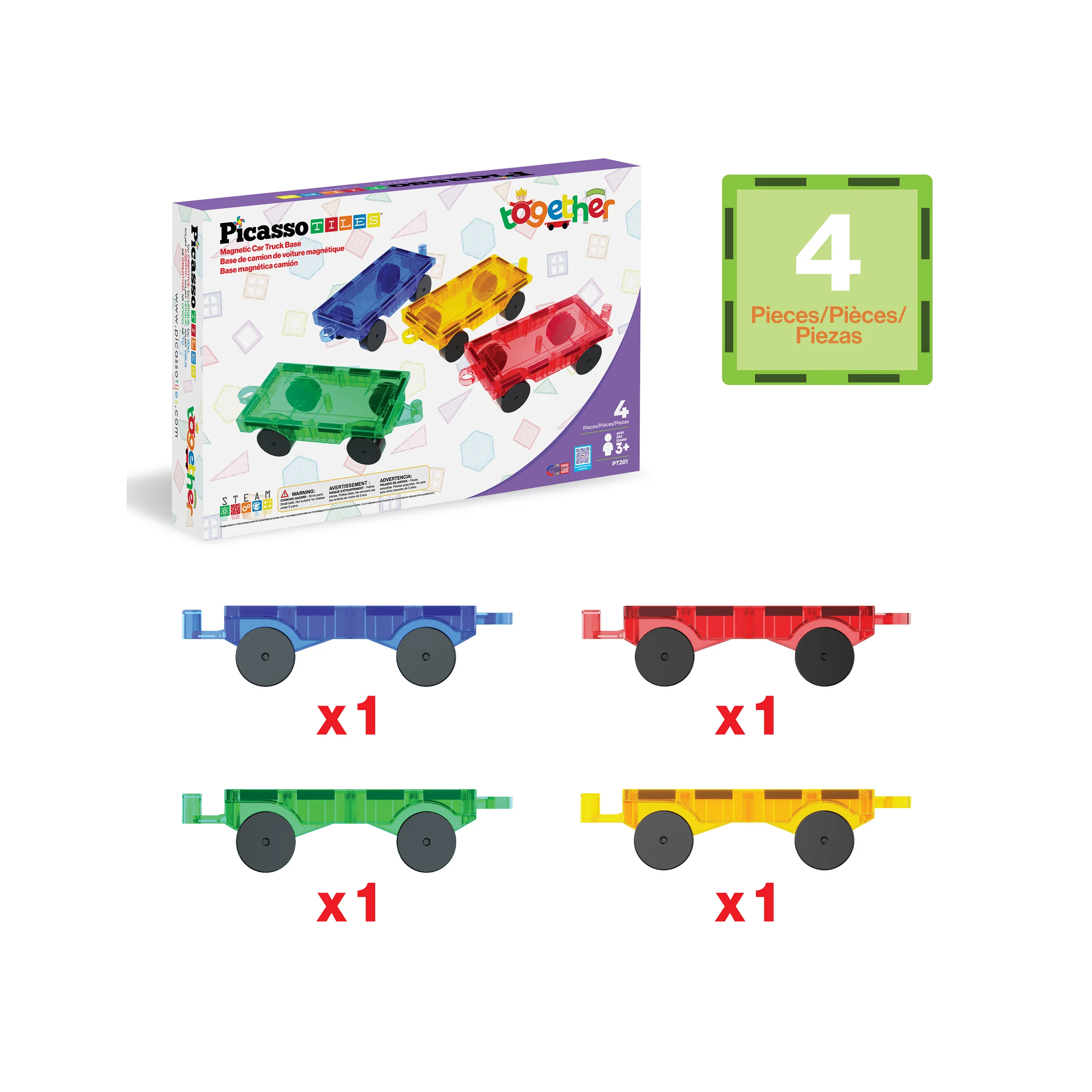 PicassoTiles 4 Pieces Magnetic Car & Truck Base for Magnet Tile Building - Image 3