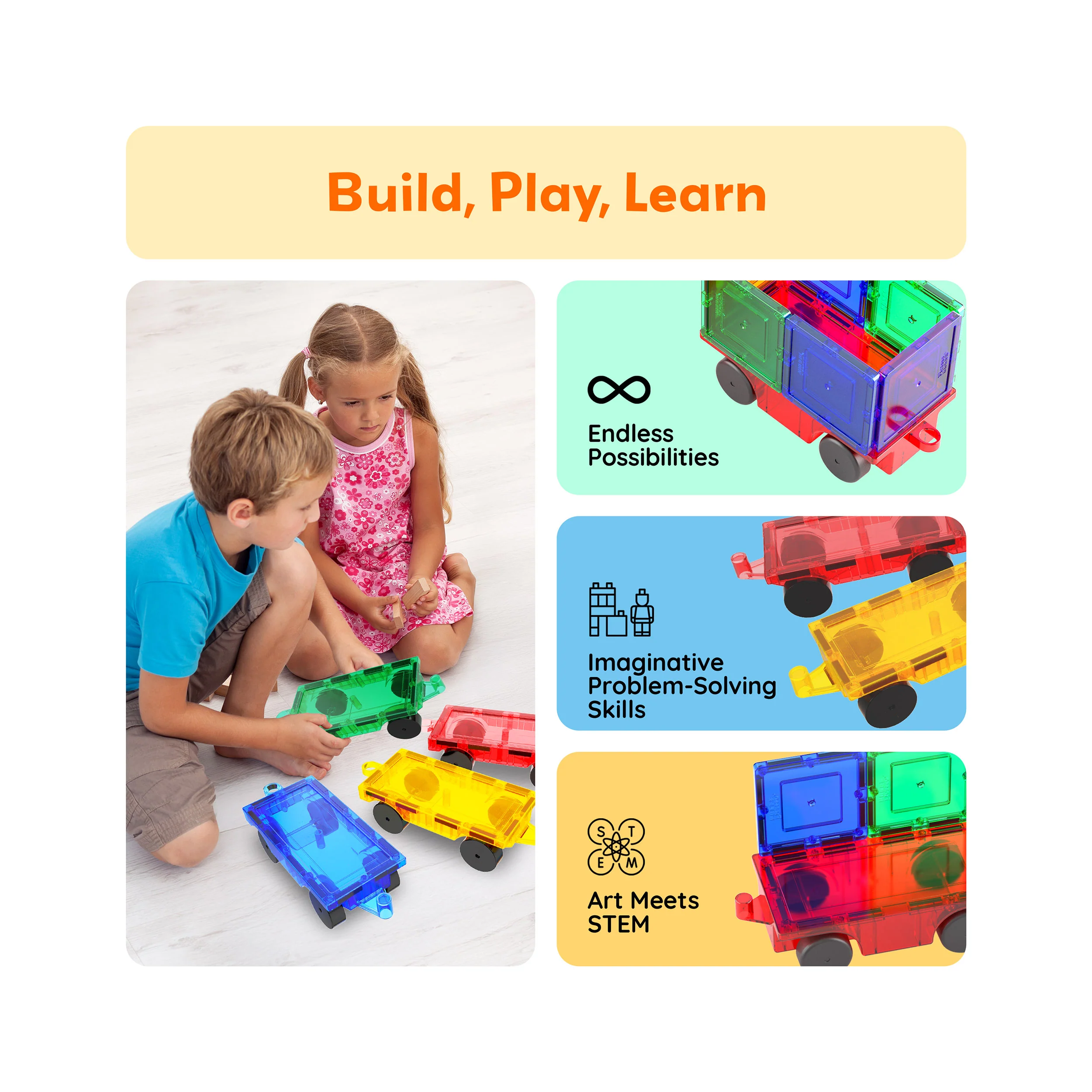 PicassoTiles 4 Pieces Magnetic Car & Truck Base for Magnet Tile Building - Image 4