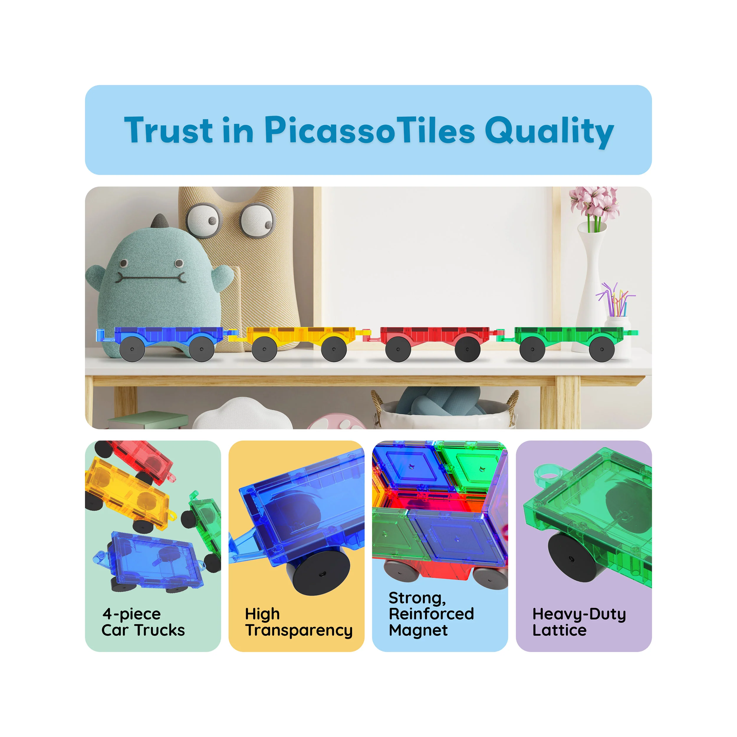 PicassoTiles 4 Pieces Magnetic Car & Truck Base for Magnet Tile Building - Image 8