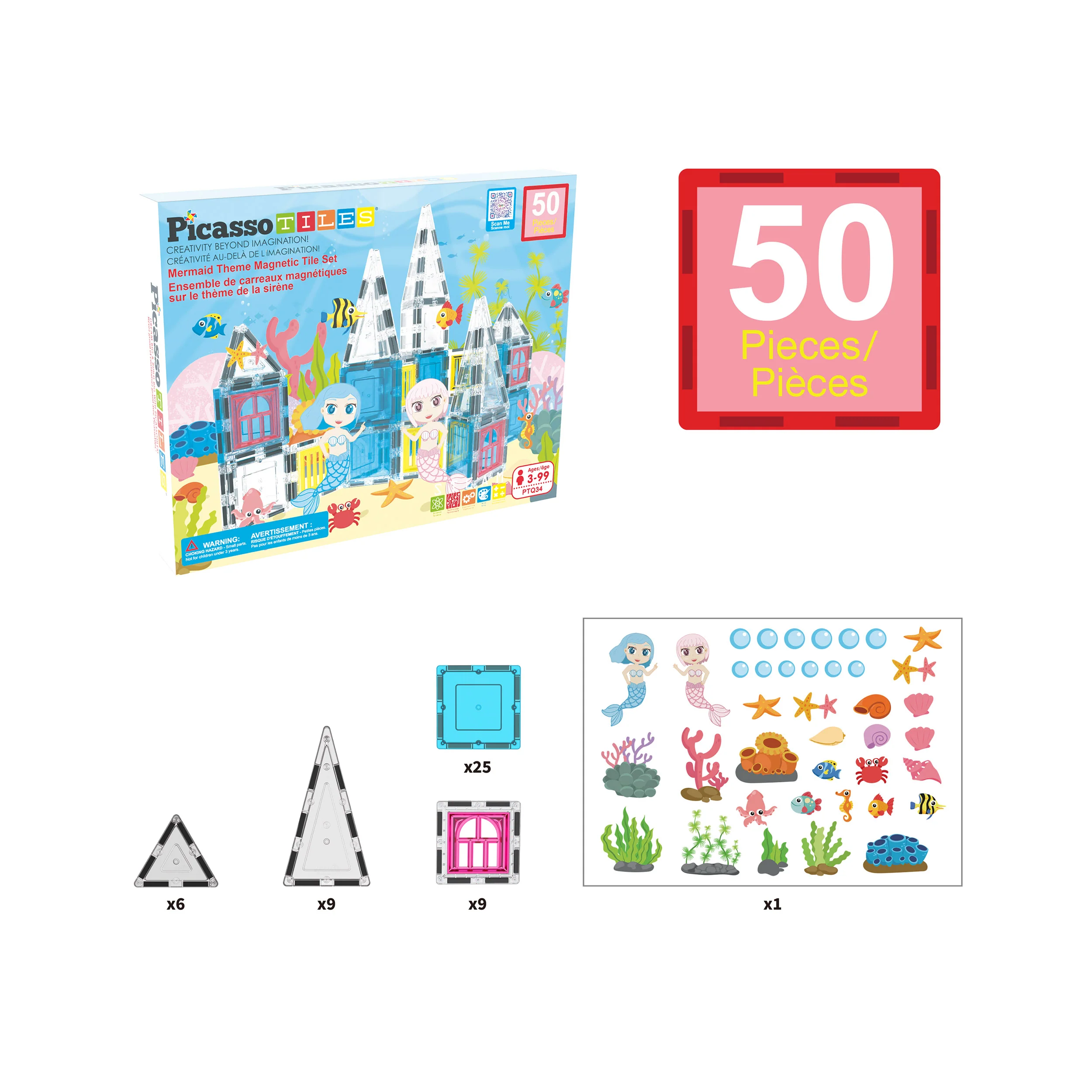 PicassoTiles 50 Piece Mermaid Magnetic Tile  Building Blocks Set - Image 3