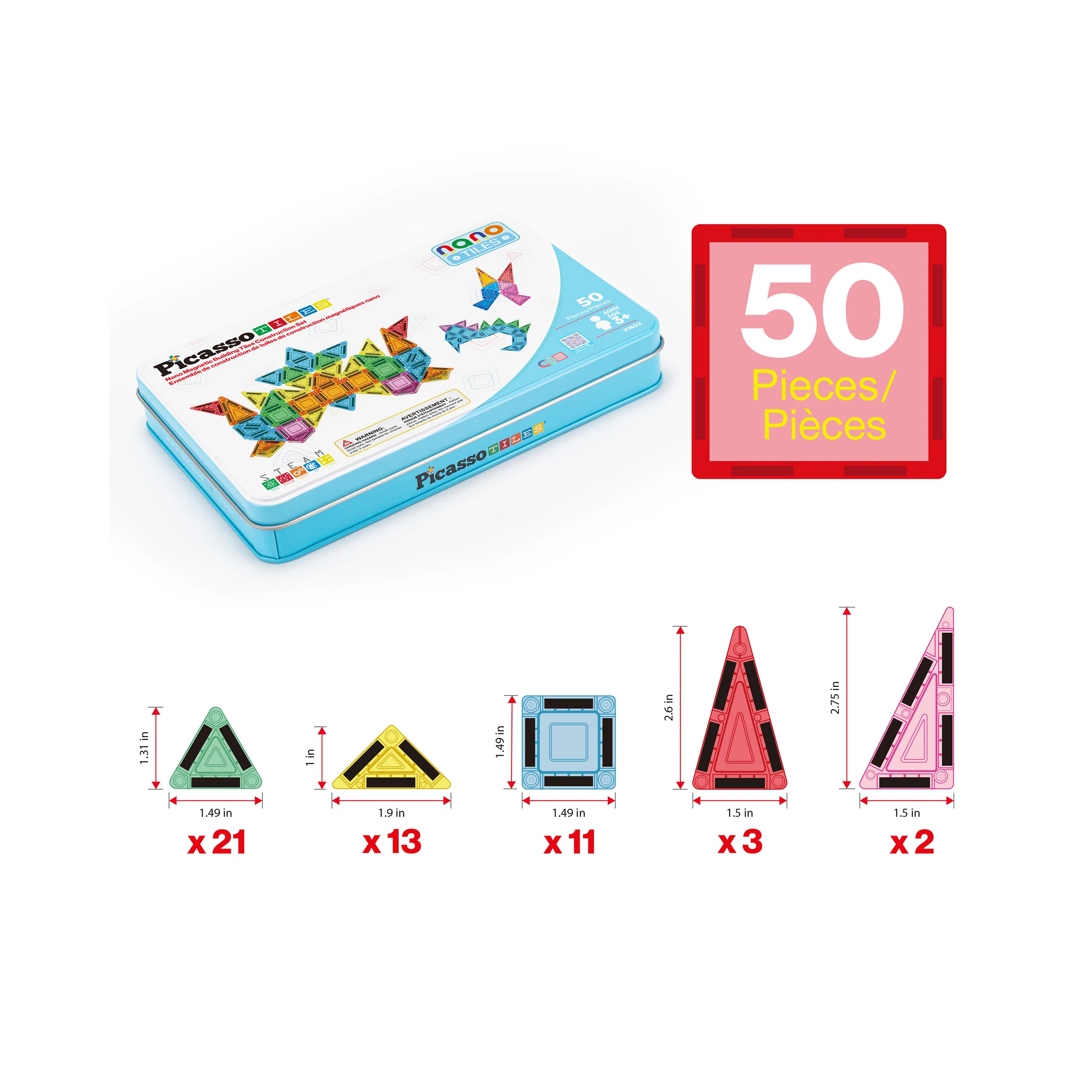 PicassoTiles 50pc Nano Magnetic Building Tiles Construction Travel Set - Image 3