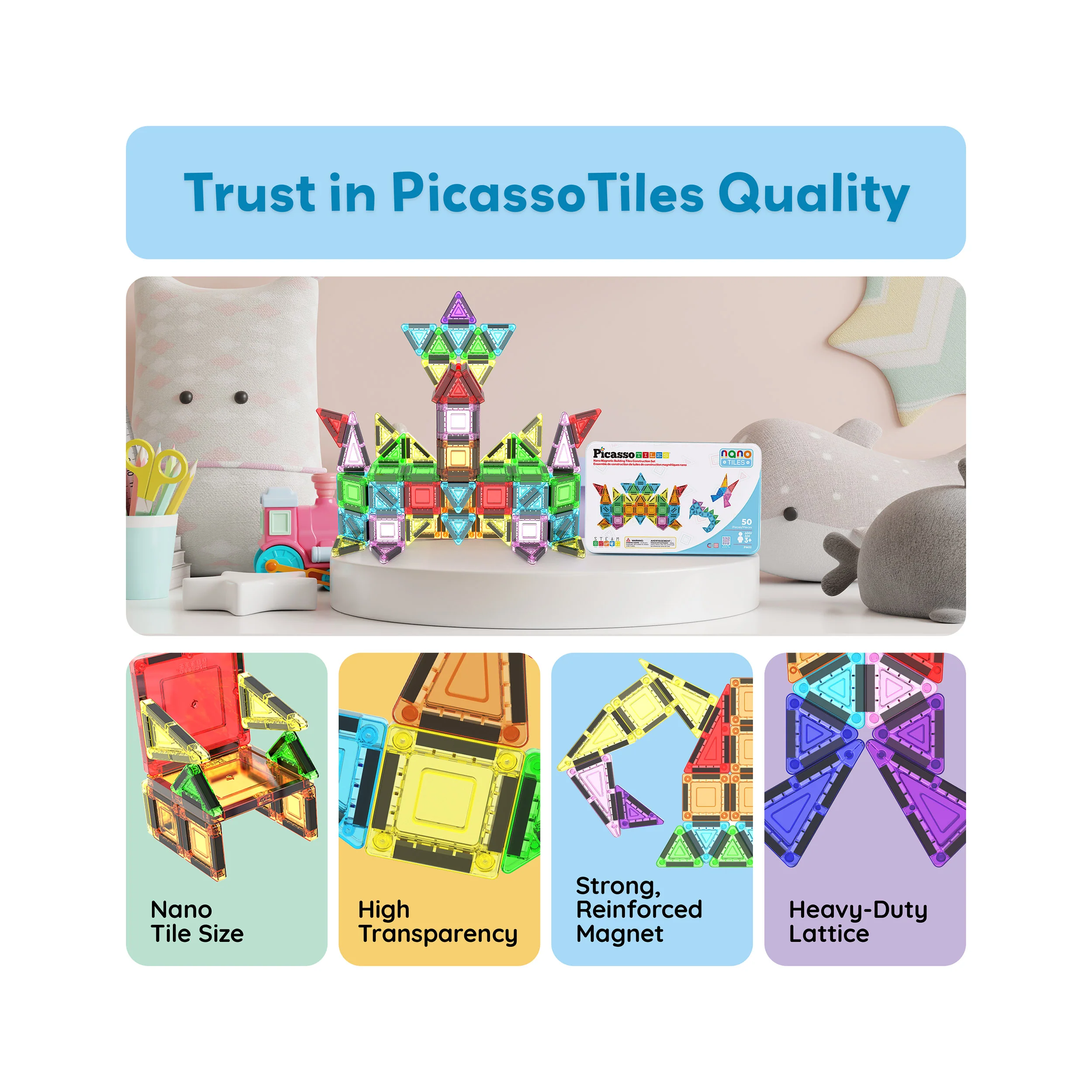 PicassoTiles 50pc Nano Magnetic Building Tiles Construction Travel Set - Image 8