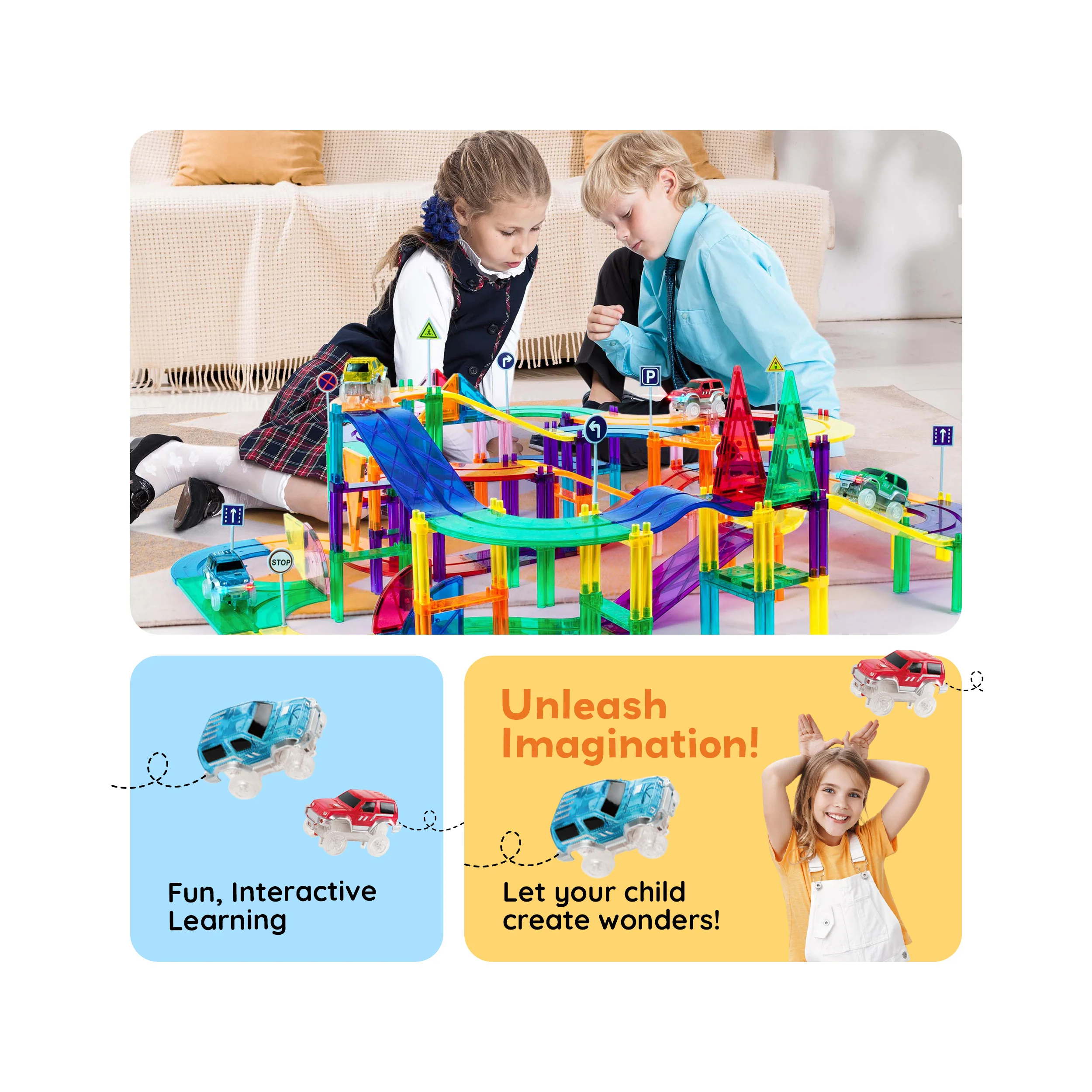 PicassoTiles Magnetic Building Block Race Track Set (50 Pieces) with LED Cars - Image 3