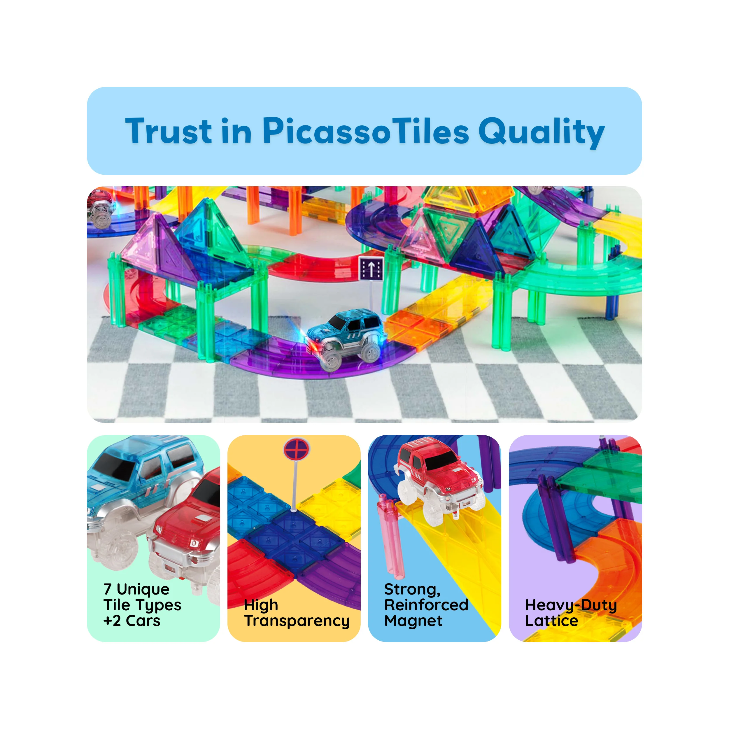 PicassoTiles Magnetic Building Block Race Track Set (50 Pieces) with LED Cars - Image 4