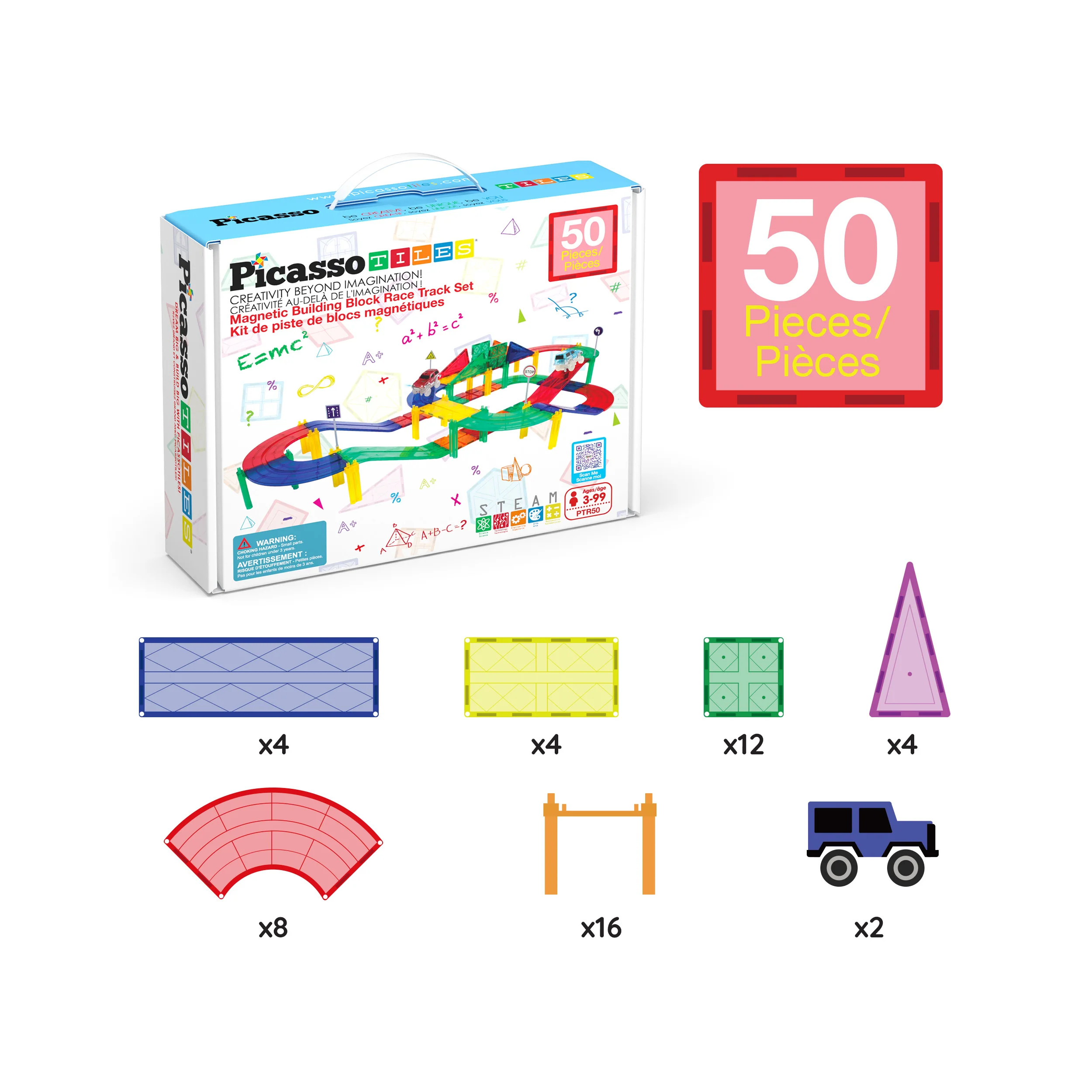 PicassoTiles Magnetic Building Block Race Track Set (50 Pieces) with LED Cars - Image 7