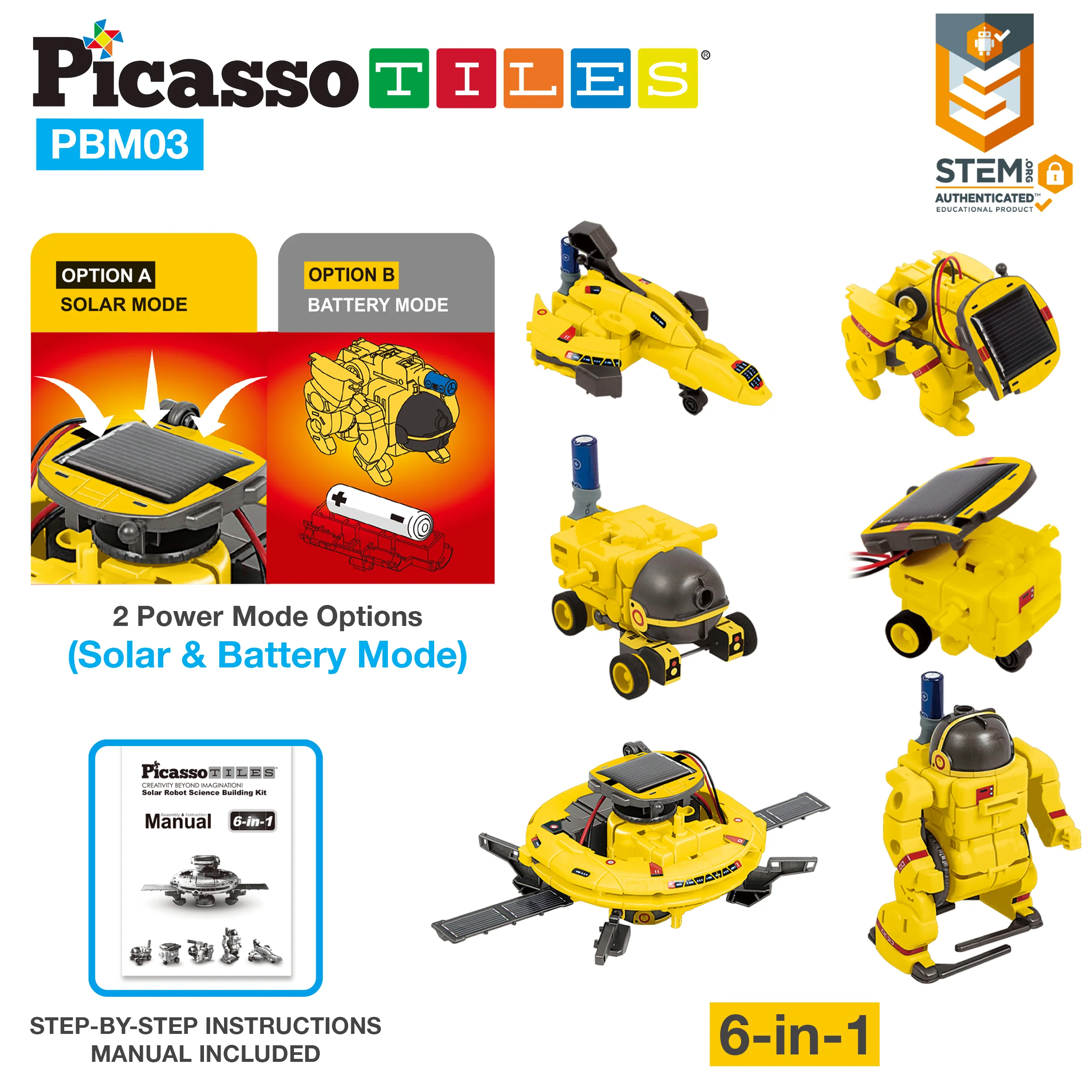 PicassoTiles 6-in-1 STEM Kids Solar Powered UFO Robot Science Kit - Image 3