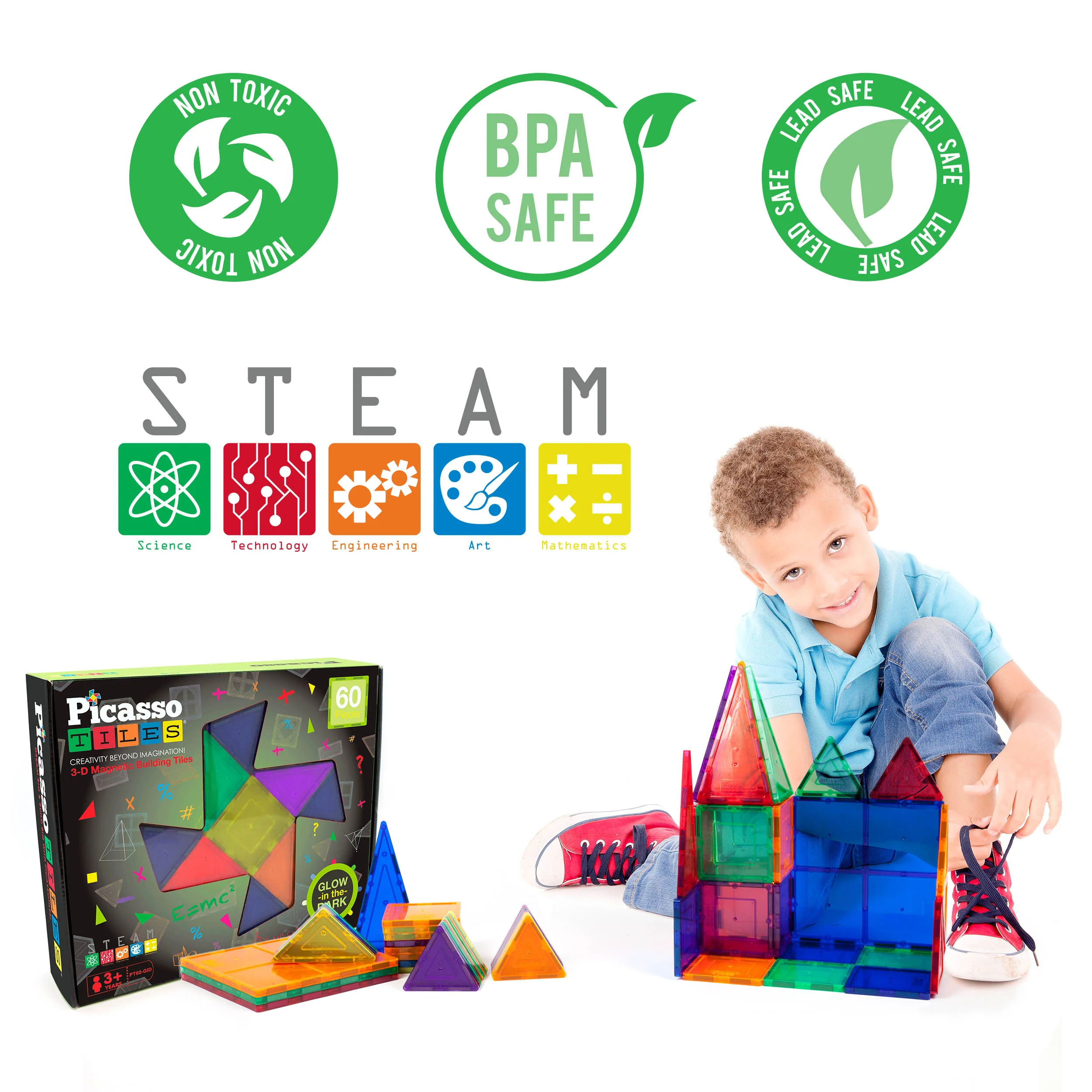 PicassoTiles Glow in the Dark Magnetic Tiles Set (60 Pieces) - Image 6