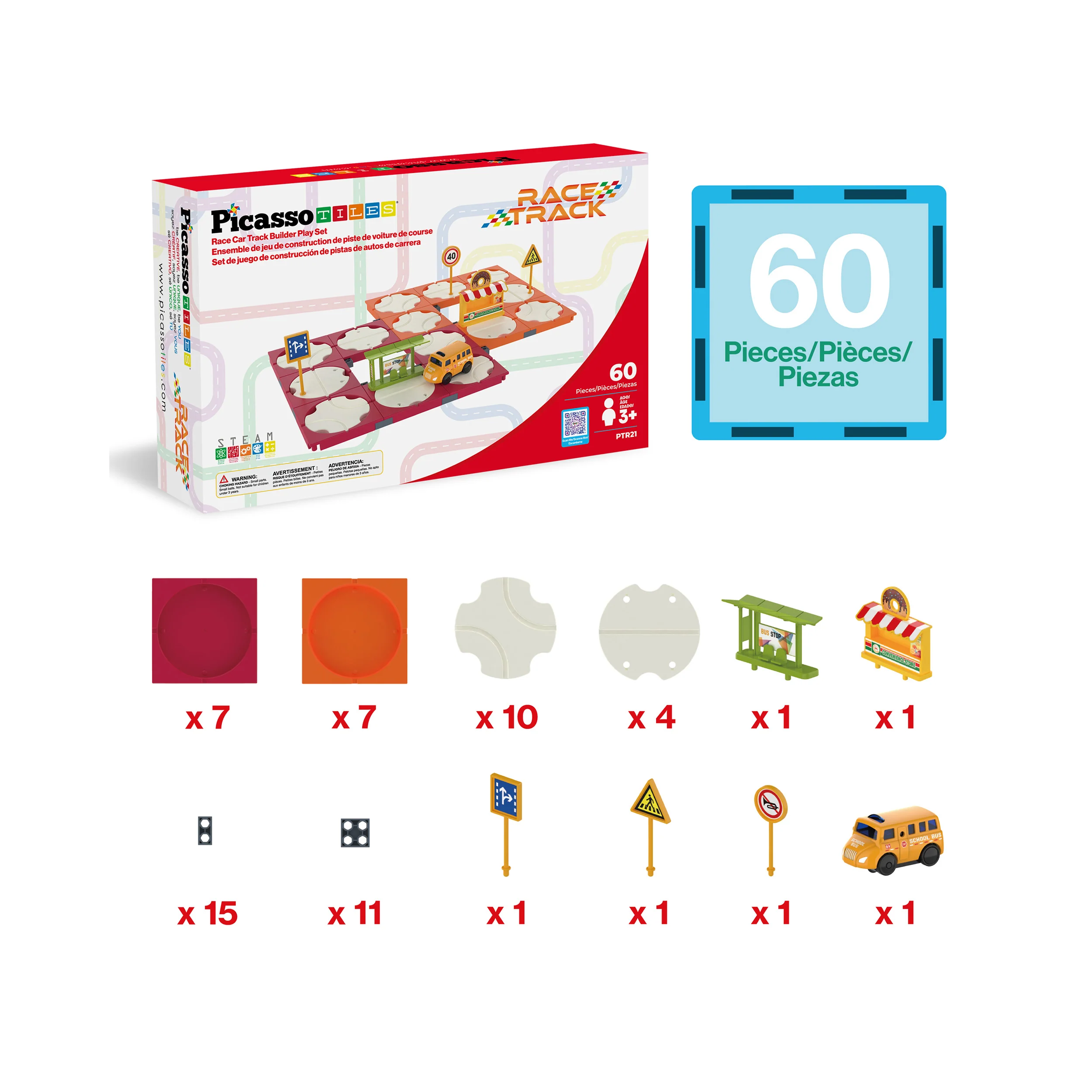 PicassoTiles 60pc Rotating Reversible Race Track Building Block Set with School Bus - Image 3