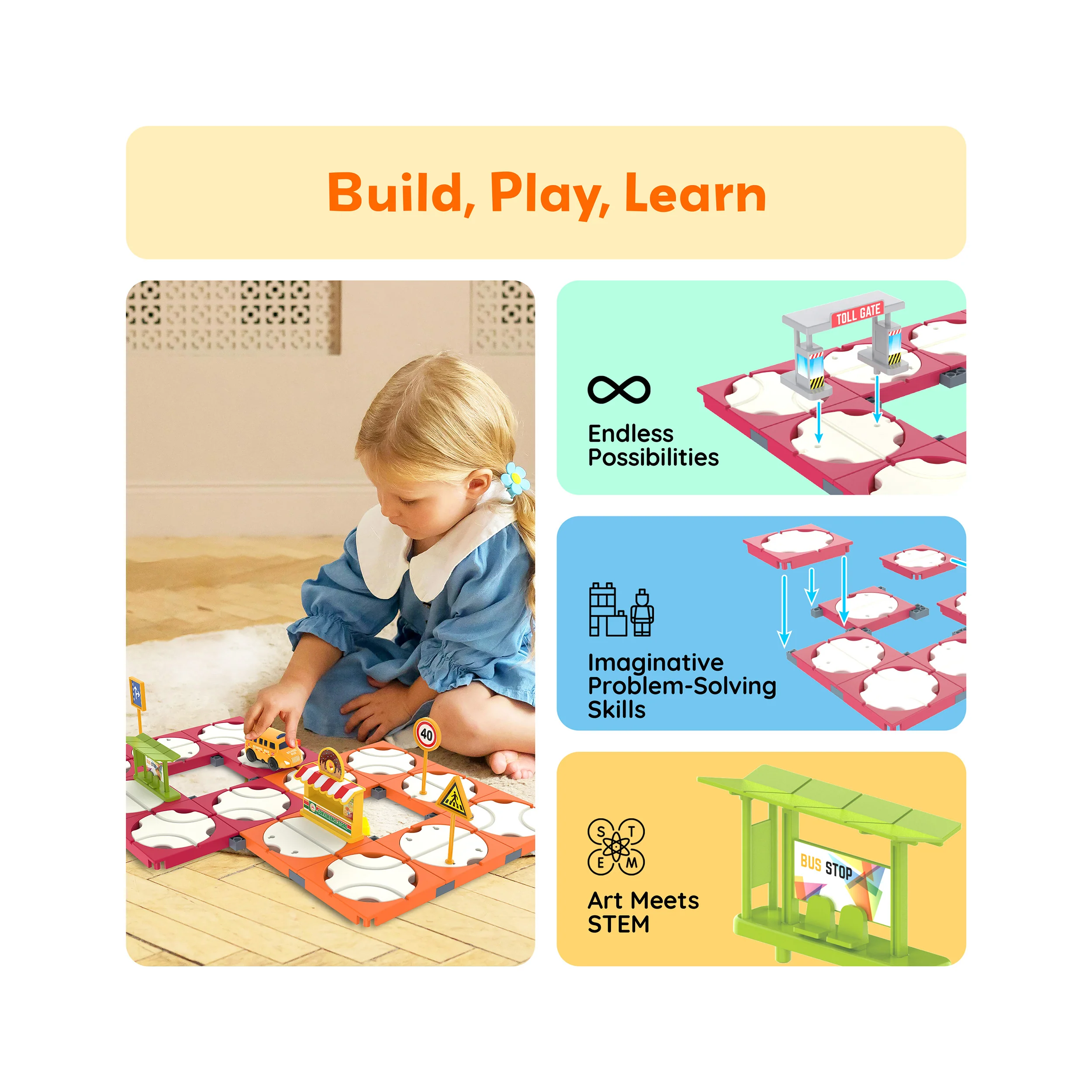 PicassoTiles 60pc Rotating Reversible Race Track Building Block Set with School Bus - Image 4