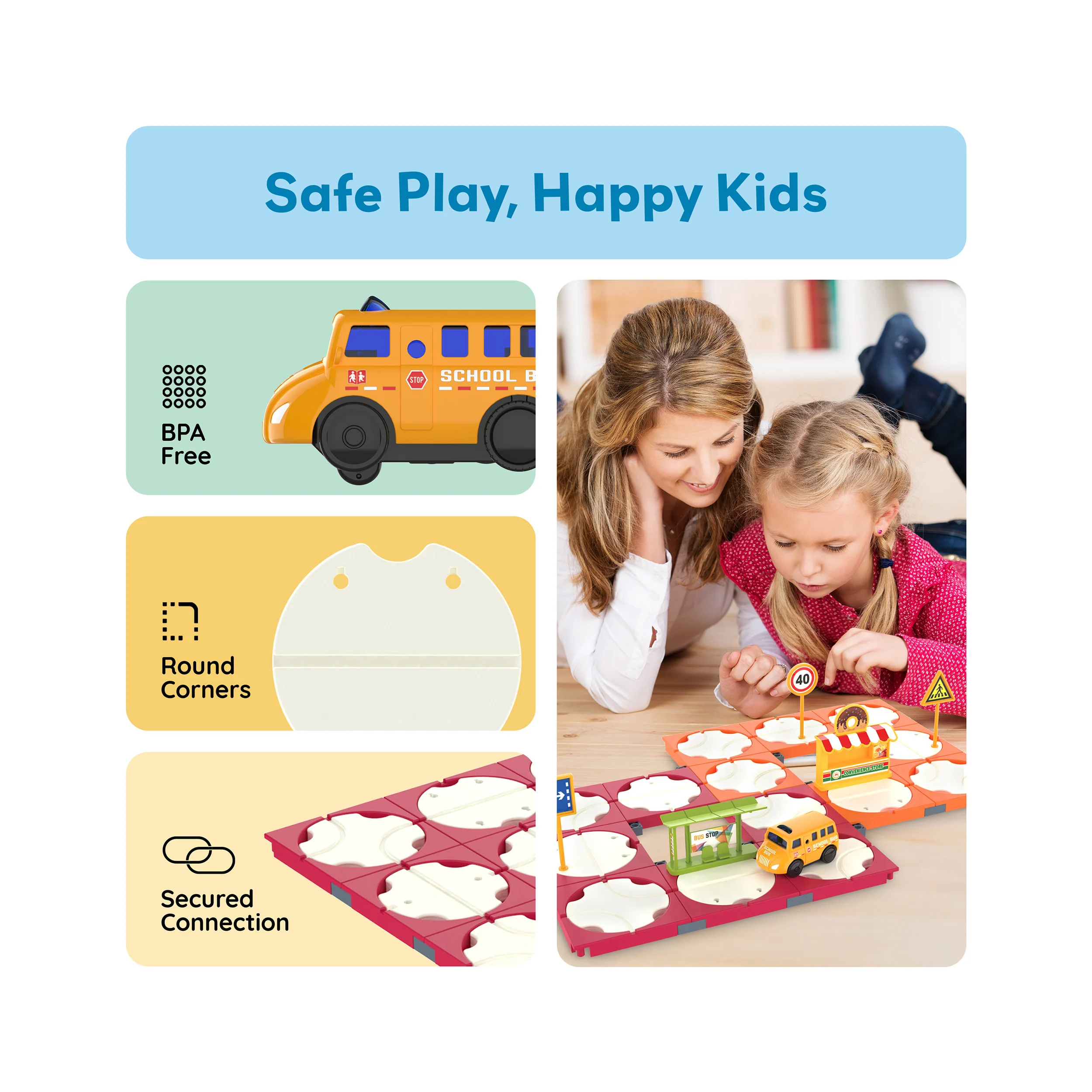 PicassoTiles 60pc Rotating Reversible Race Track Building Block Set with School Bus - Image 6