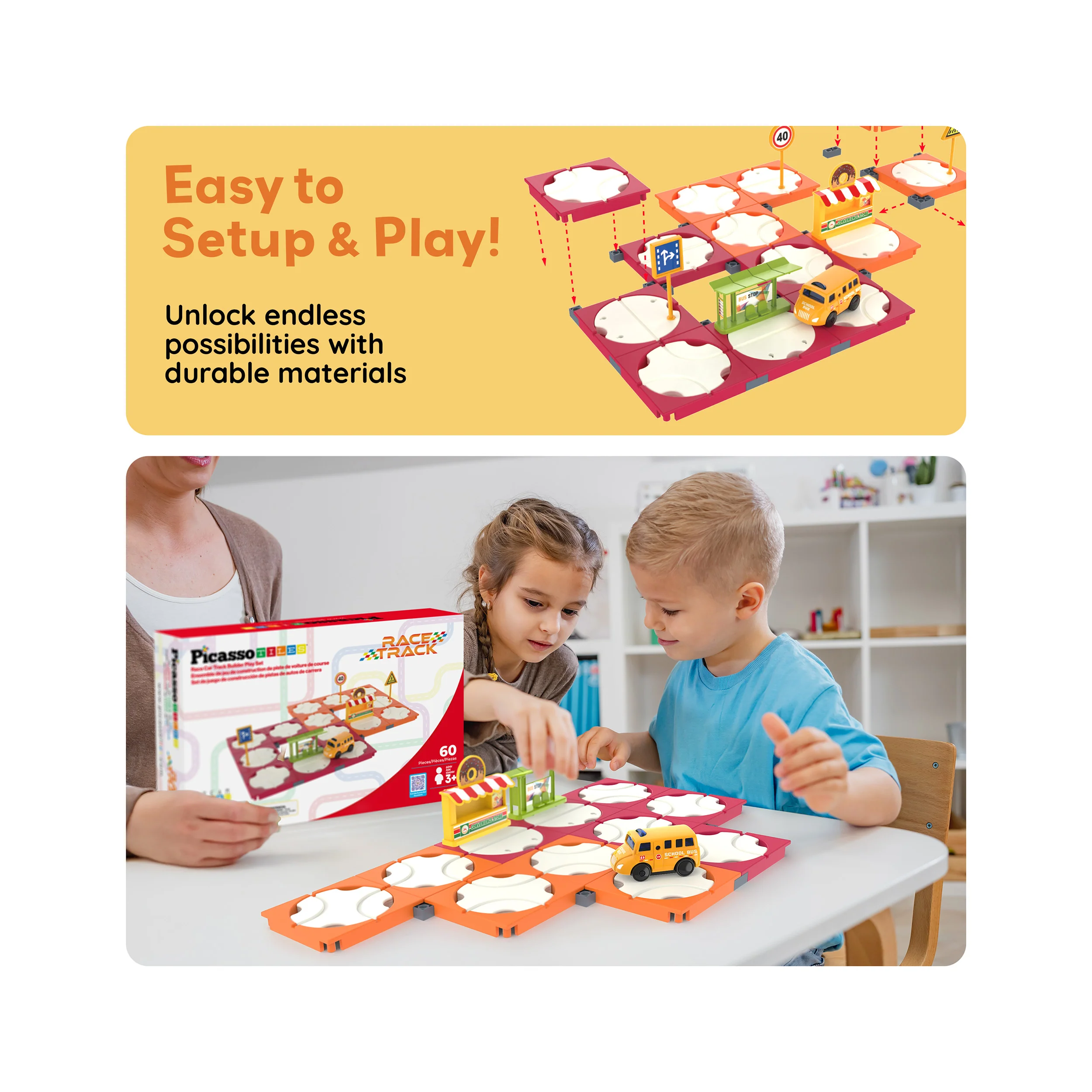 PicassoTiles 60pc Rotating Reversible Race Track Building Block Set with School Bus - Image 7