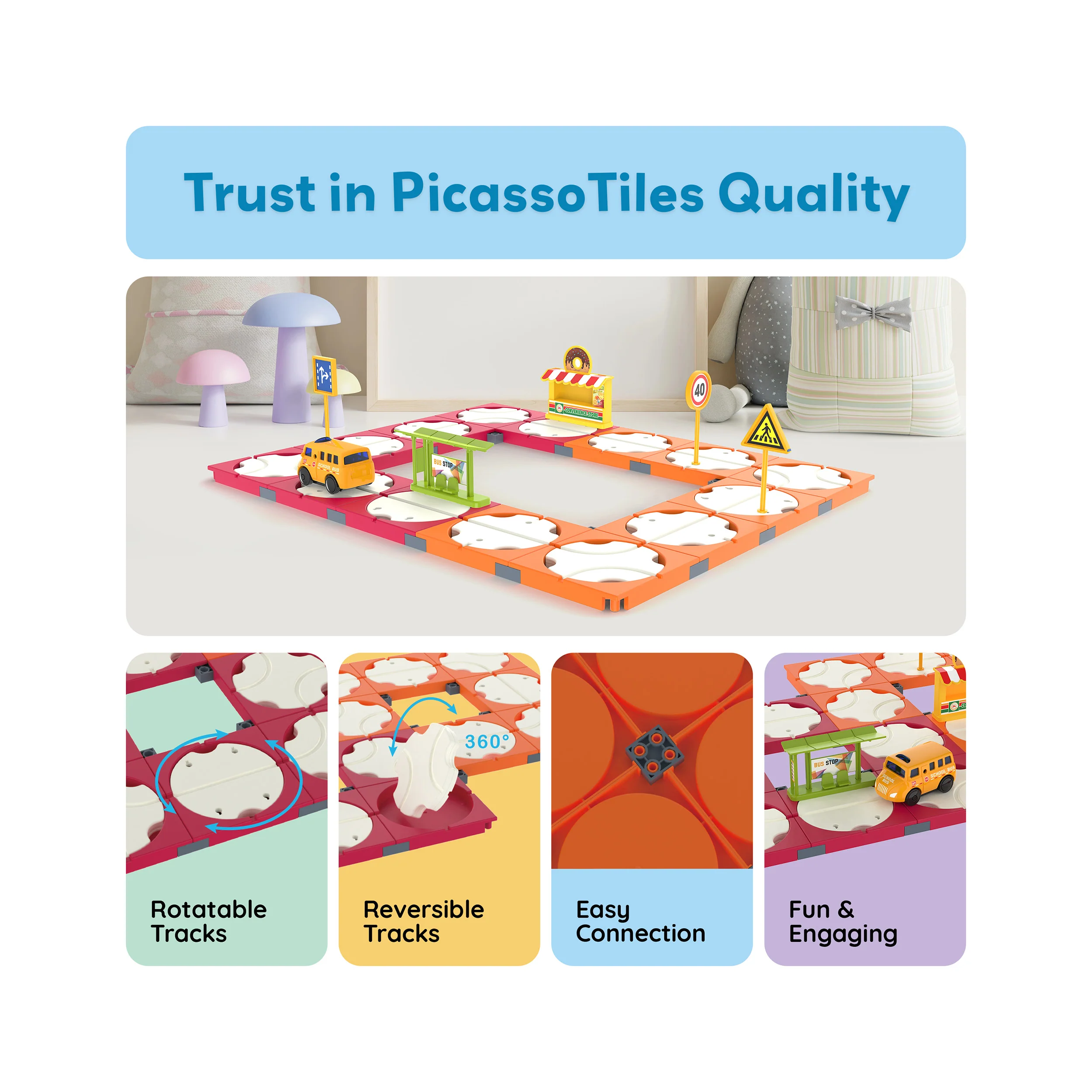 PicassoTiles 60pc Rotating Reversible Race Track Building Block Set with School Bus - Image 8