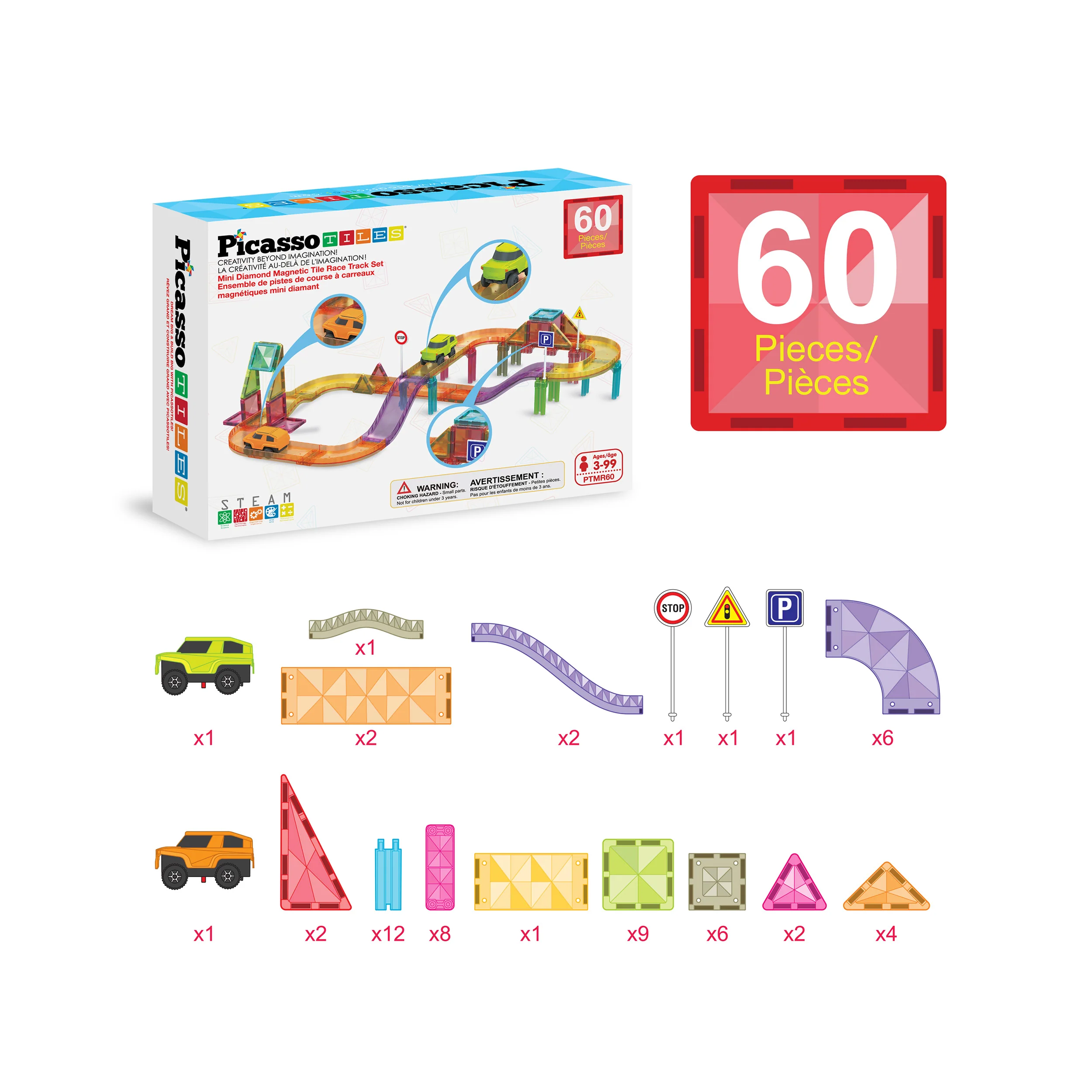 PicassoTiles 60pc Mini Magnetic Tile Race Track Set - Image 3