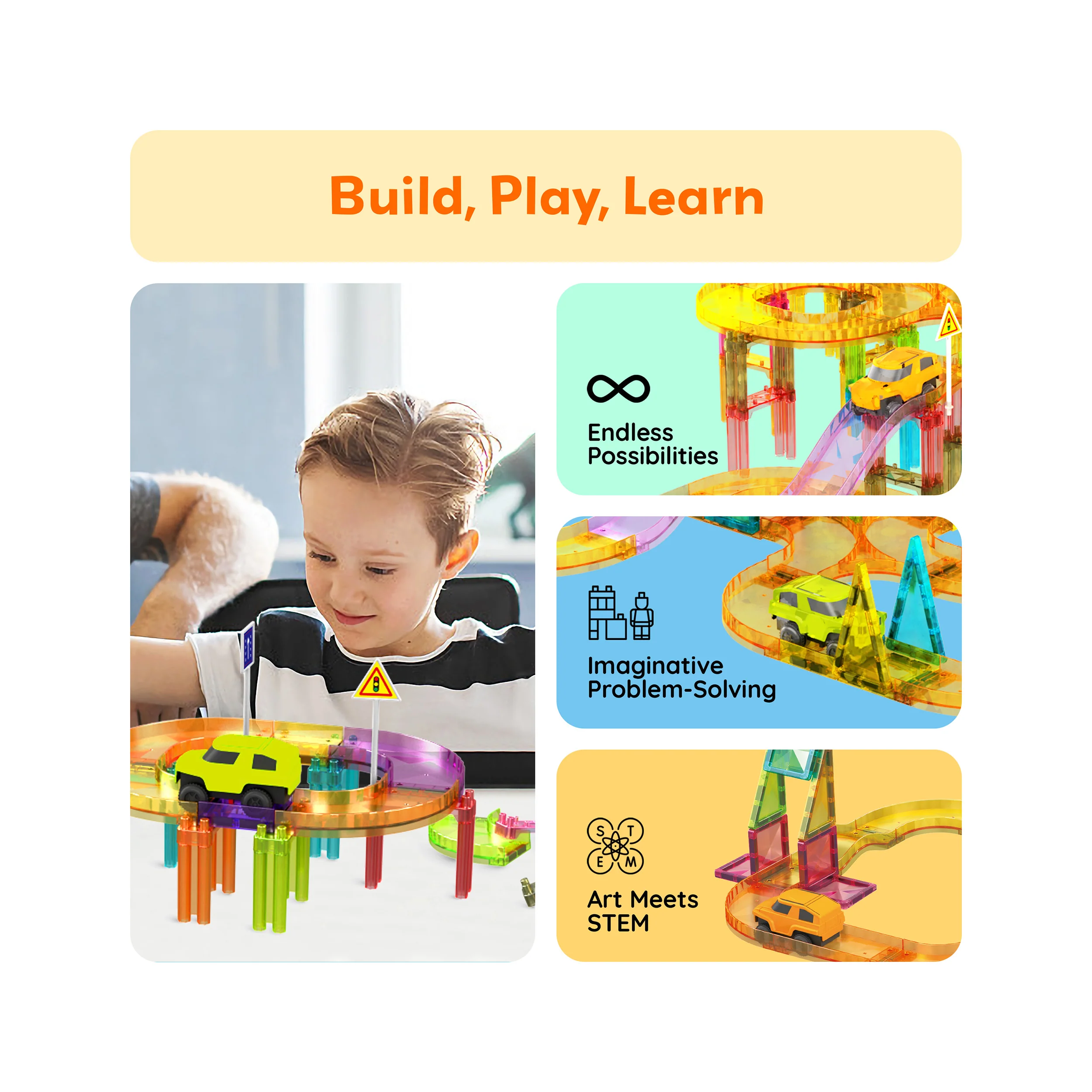 PicassoTiles 60pc Mini Magnetic Tile Race Track Set - Image 4