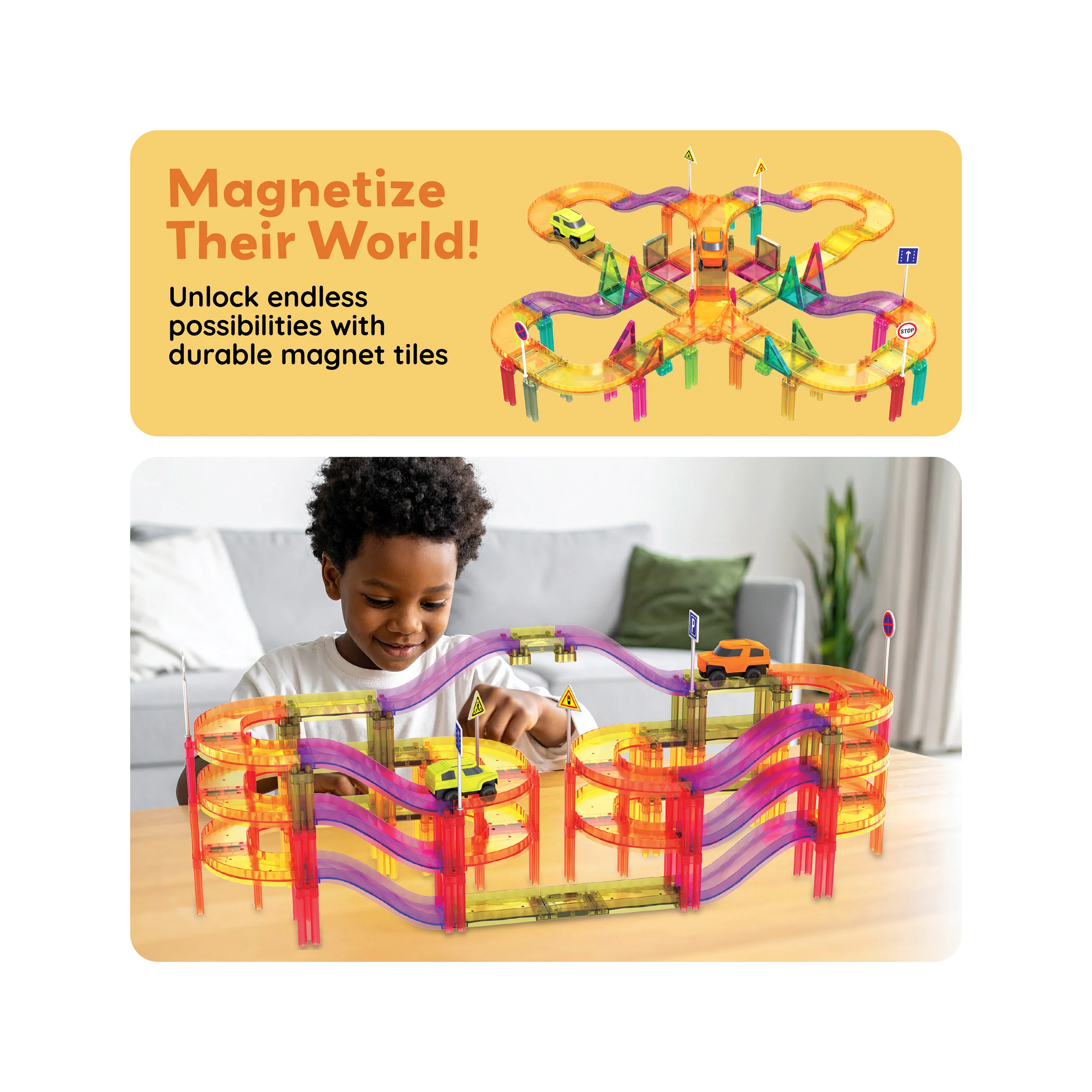 PicassoTiles 60pc Mini Magnetic Tile Race Track Set - Image 7