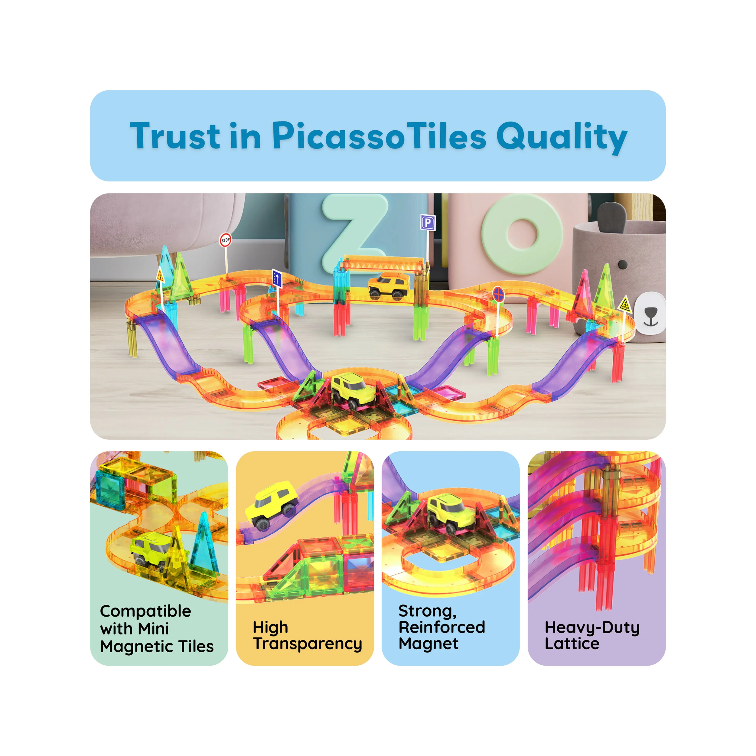 PicassoTiles 60pc Mini Magnetic Tile Race Track Set - Image 8