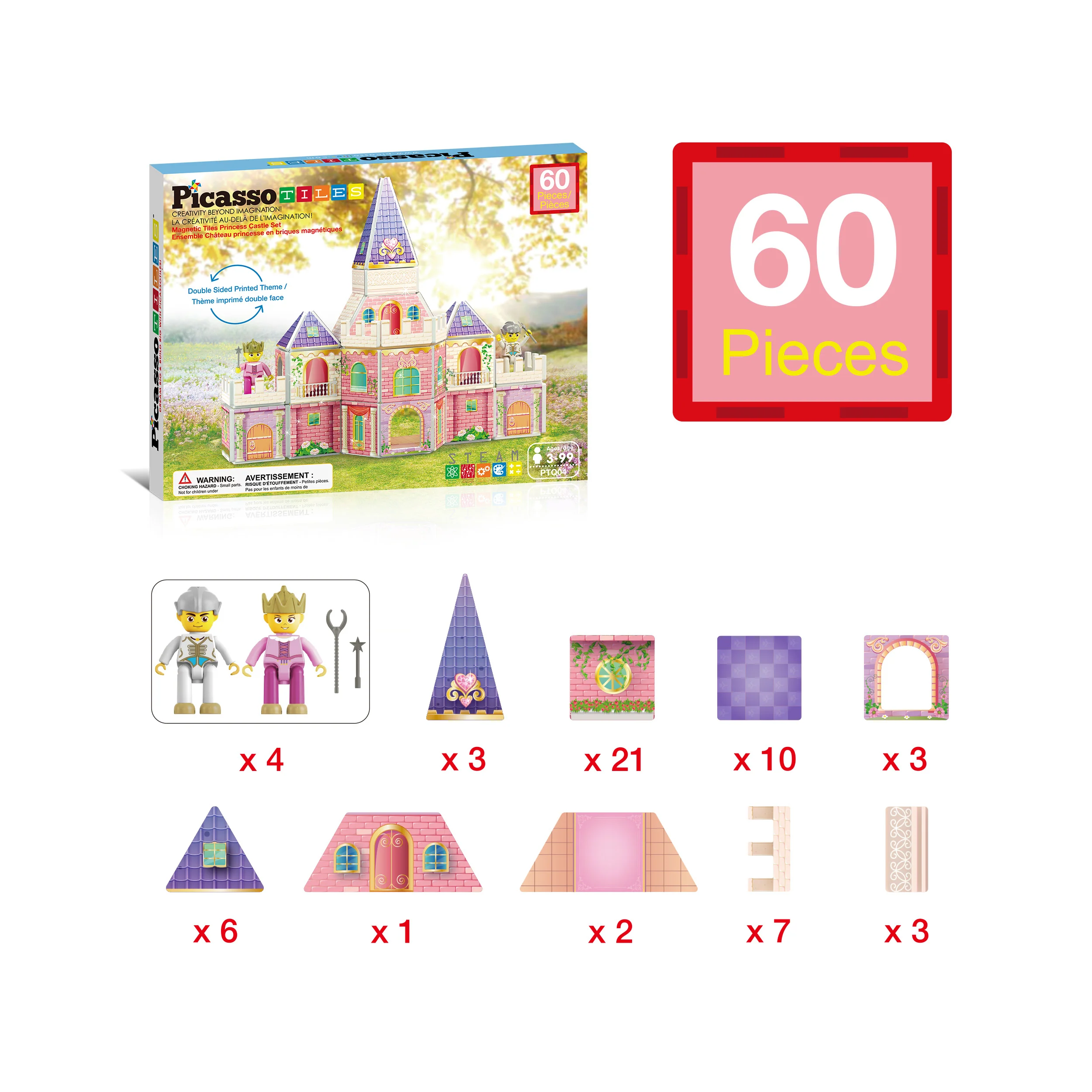 PicassoTiles 60pc Magnetic Tile Princess Castle Set - Image 3