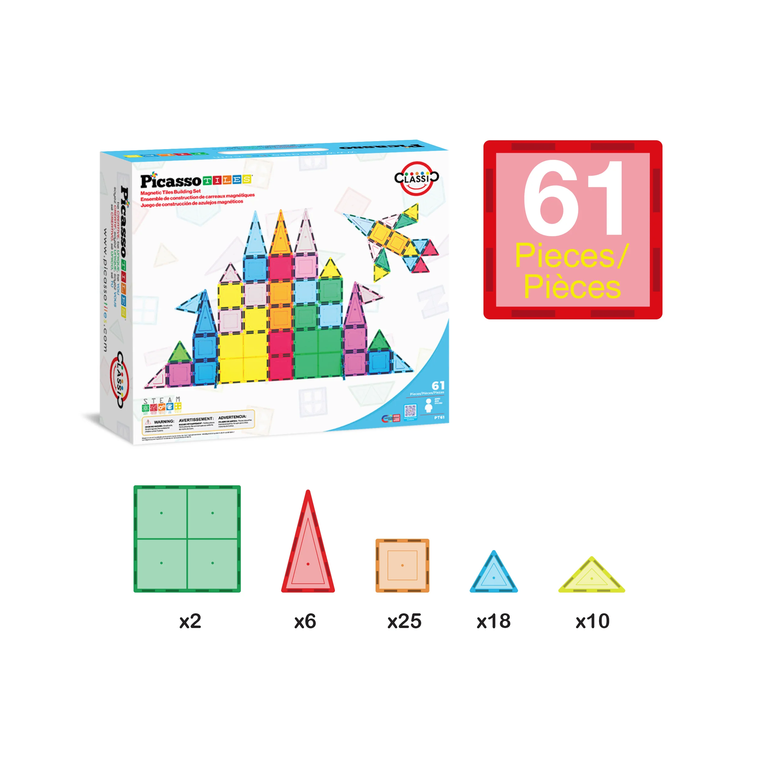 PicassoTiles 61pc Magnetic Tile Classic Building Set - Image 3
