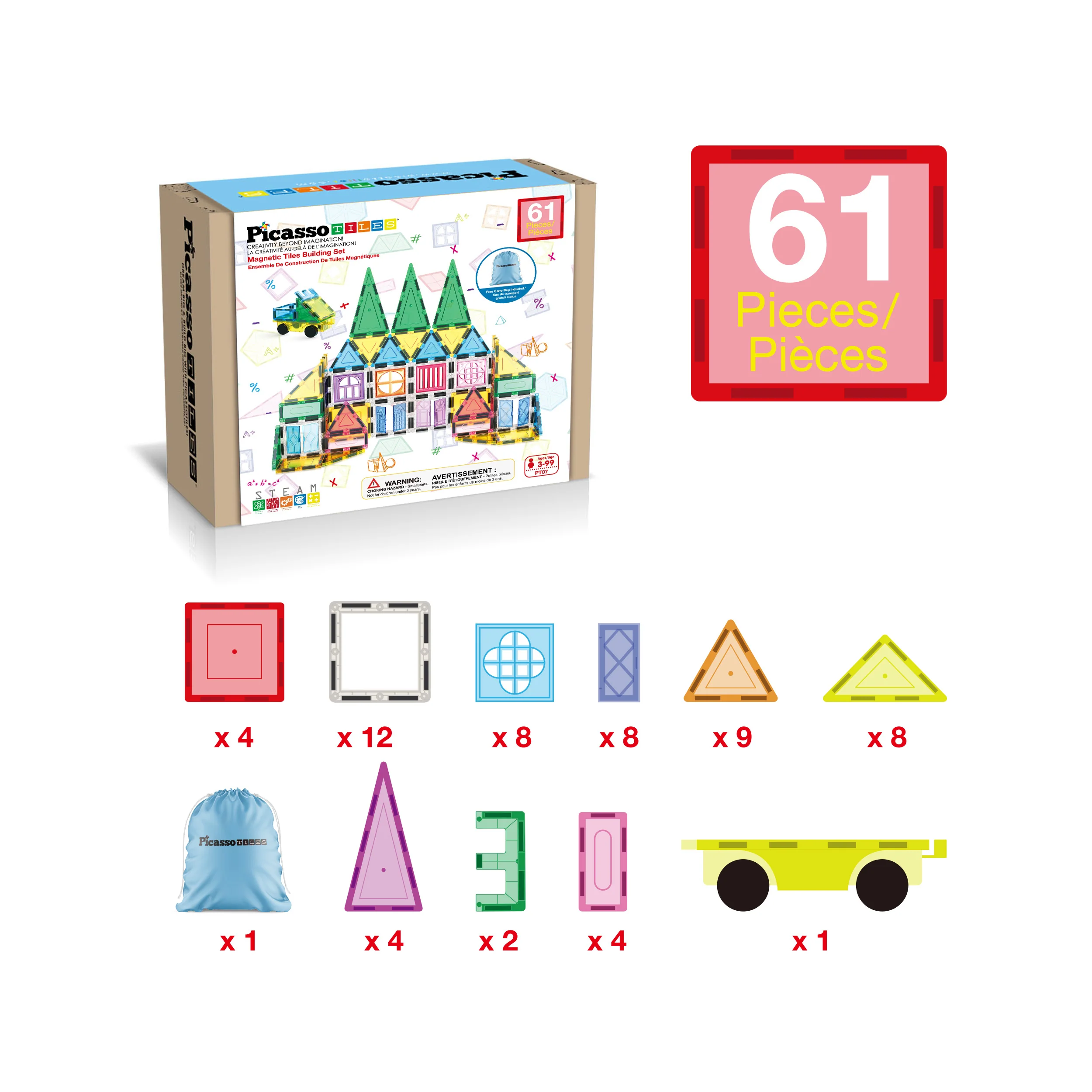 PicassoTiles 61-Piece Magnetic Building Blocks Set  STEM Toy with Storage Bag - Image 3