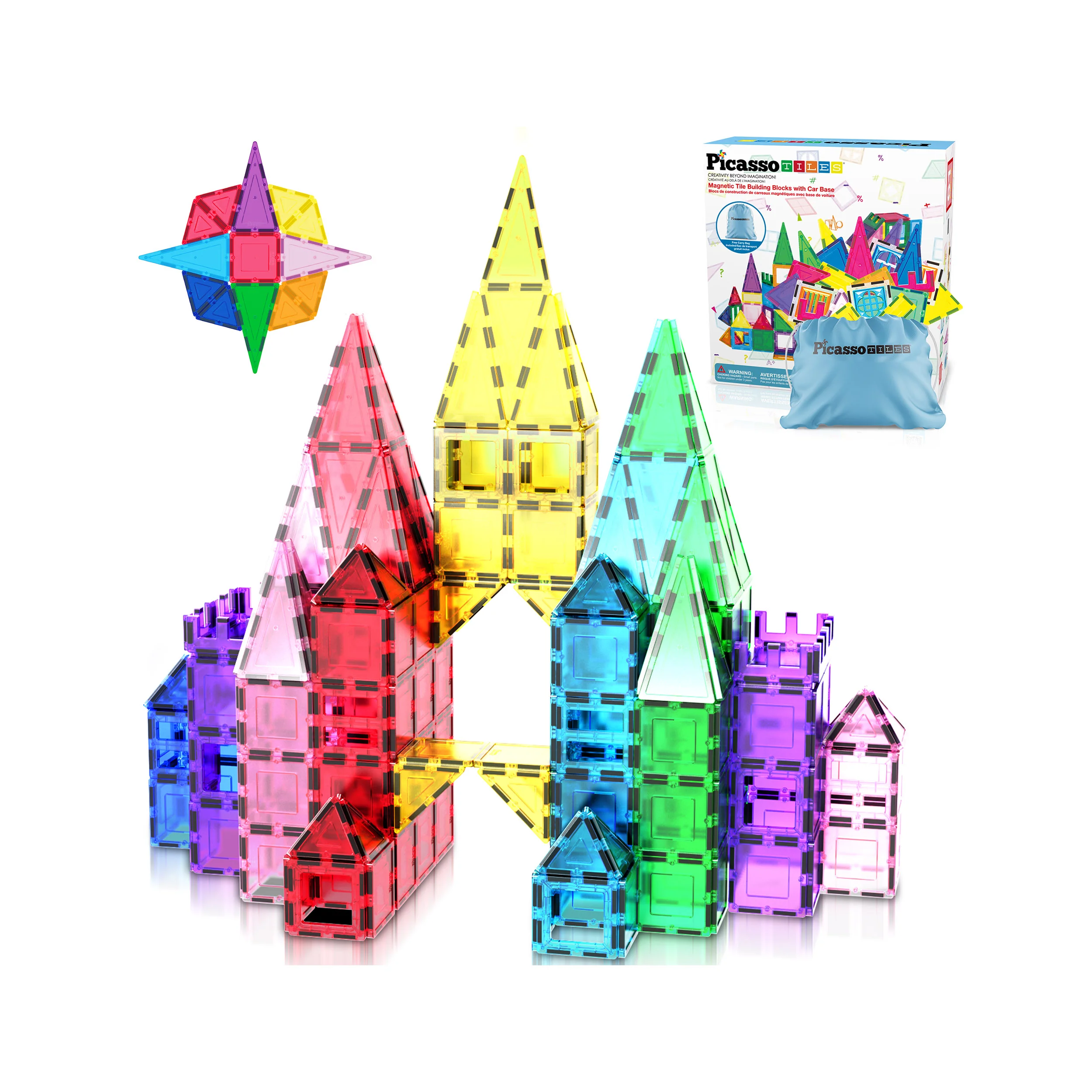 PicassoTiles Magnetic Tile Building Blocks with Car Base & Drawstring Carry Bag (61 Pieces)