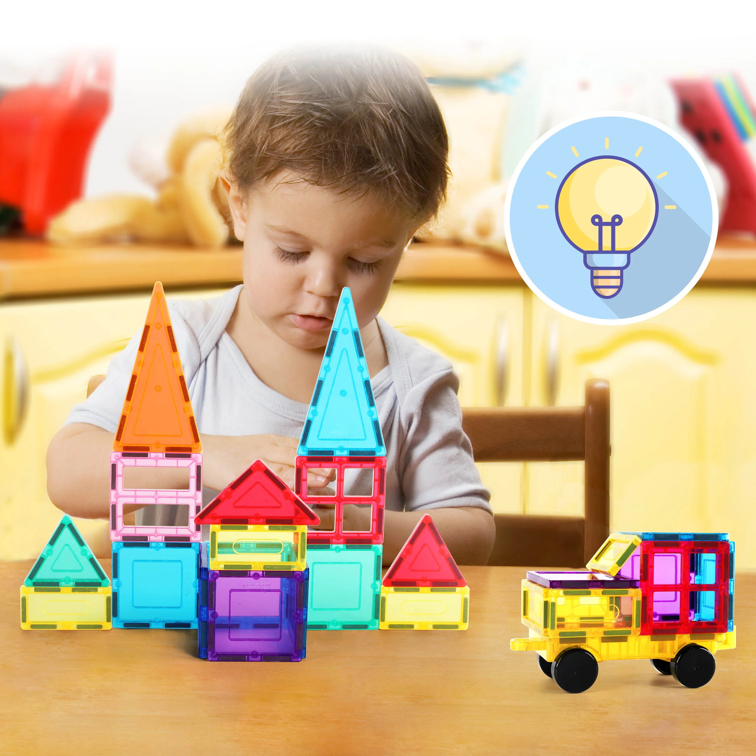 PicassoTiles Magnetic Tile Building Blocks with Car Base & Drawstring Carry Bag (61 Pieces) - Image 2