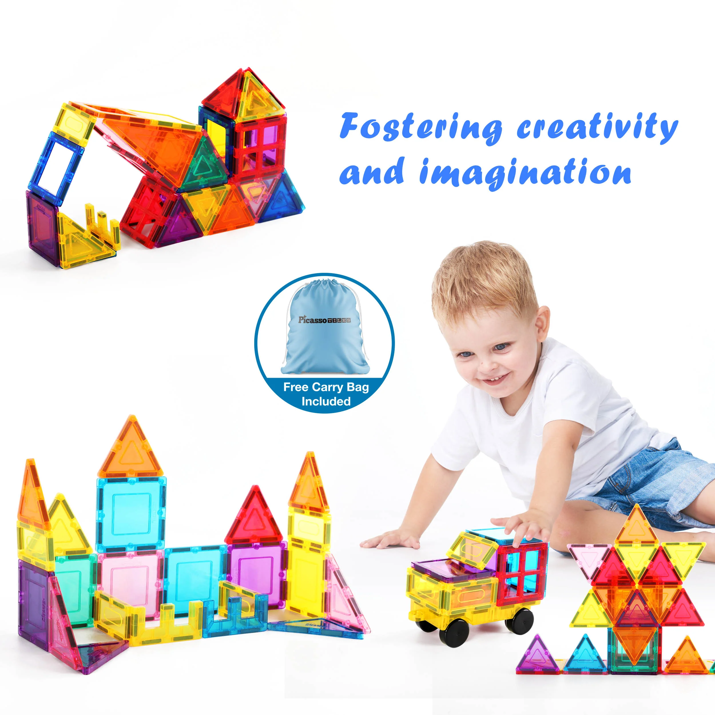 PicassoTiles Magnetic Tile Building Blocks with Car Base & Drawstring Carry Bag (61 Pieces) - Image 5