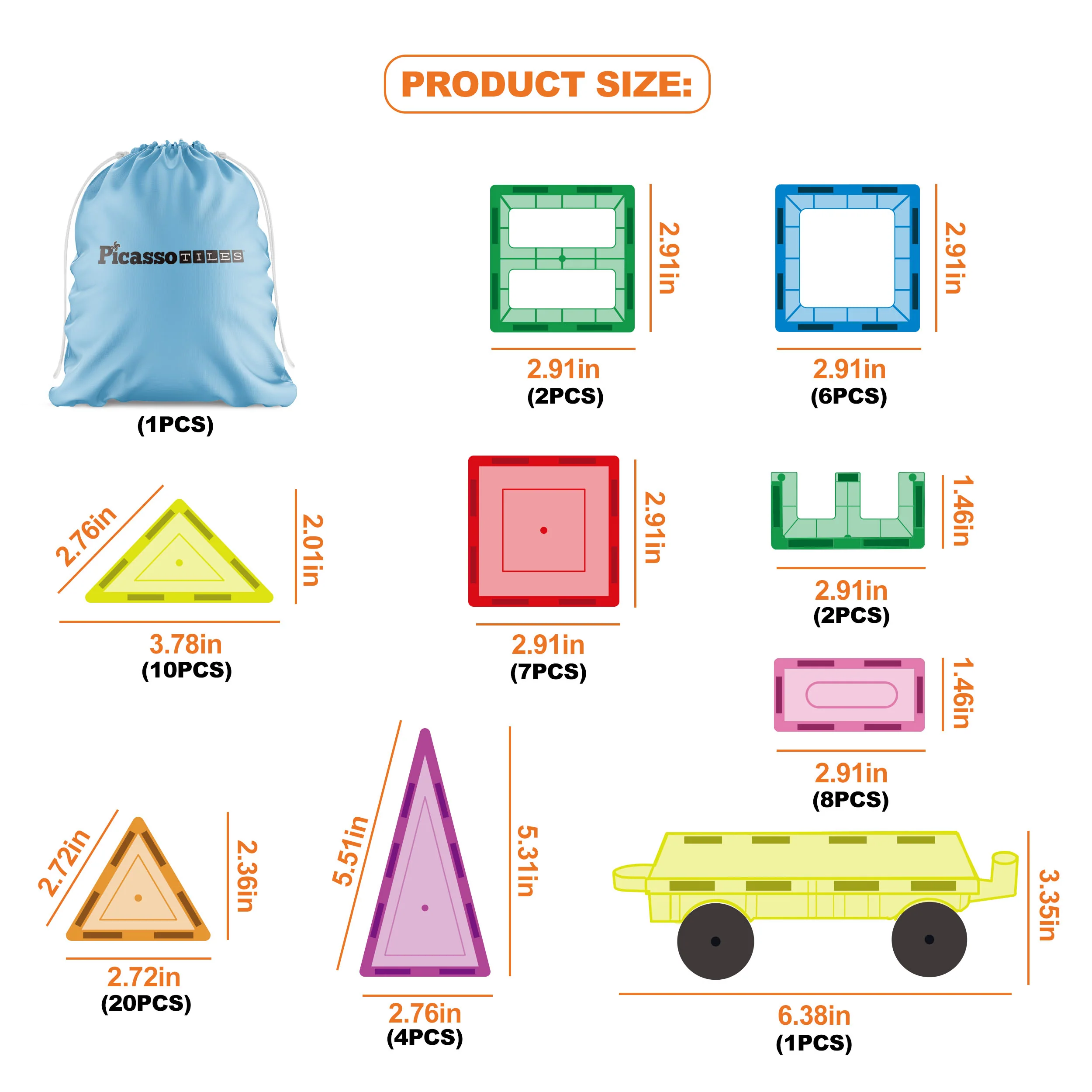 PicassoTiles Magnetic Tile Building Blocks with Car Base & Drawstring Carry Bag (61 Pieces) - Image 6