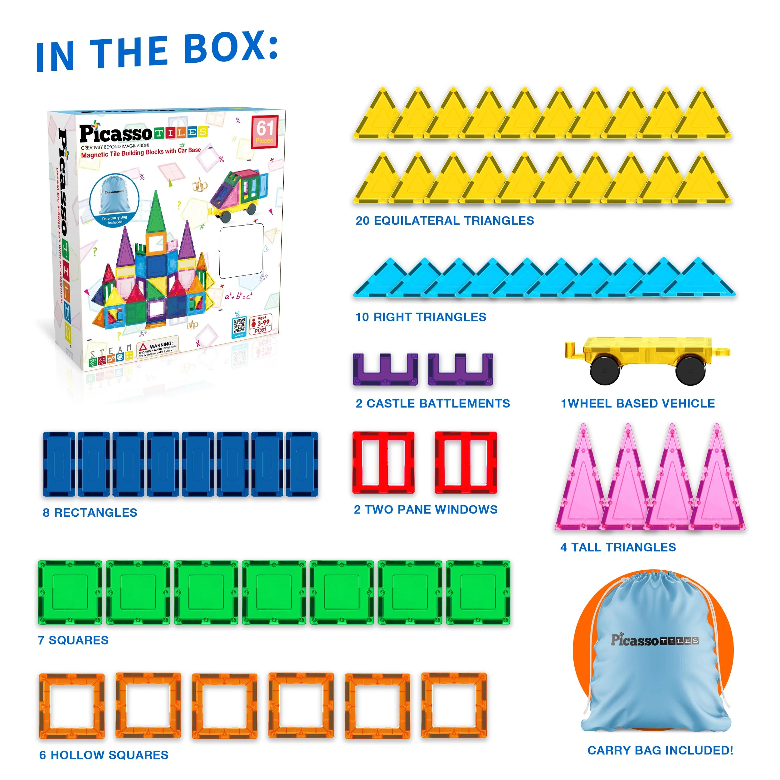 PicassoTiles Magnetic Tile Building Blocks with Car Base & Drawstring Carry Bag (61 Pieces) - Image 7