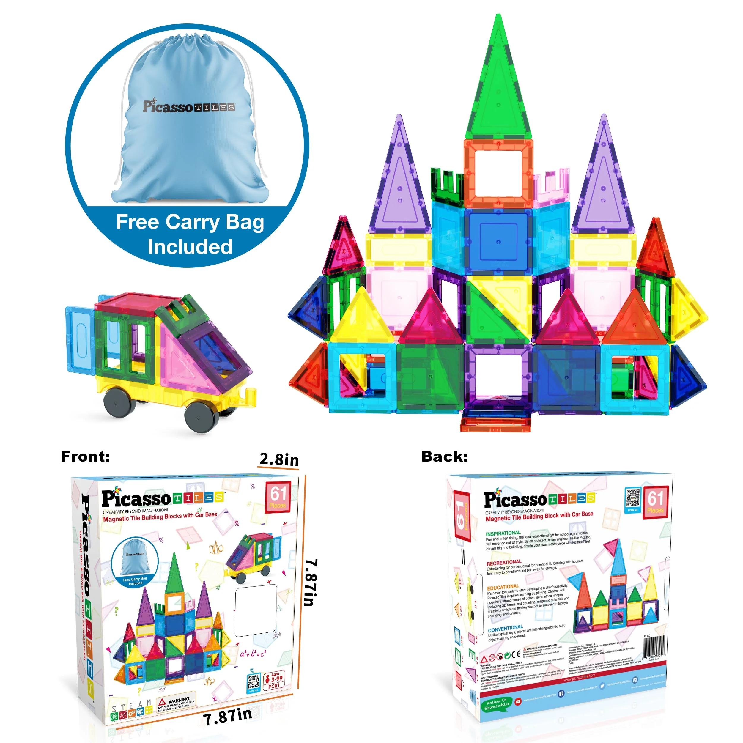 PicassoTiles Magnetic Tile Building Blocks with Car Base & Drawstring Carry Bag (61 Pieces) - Image 8