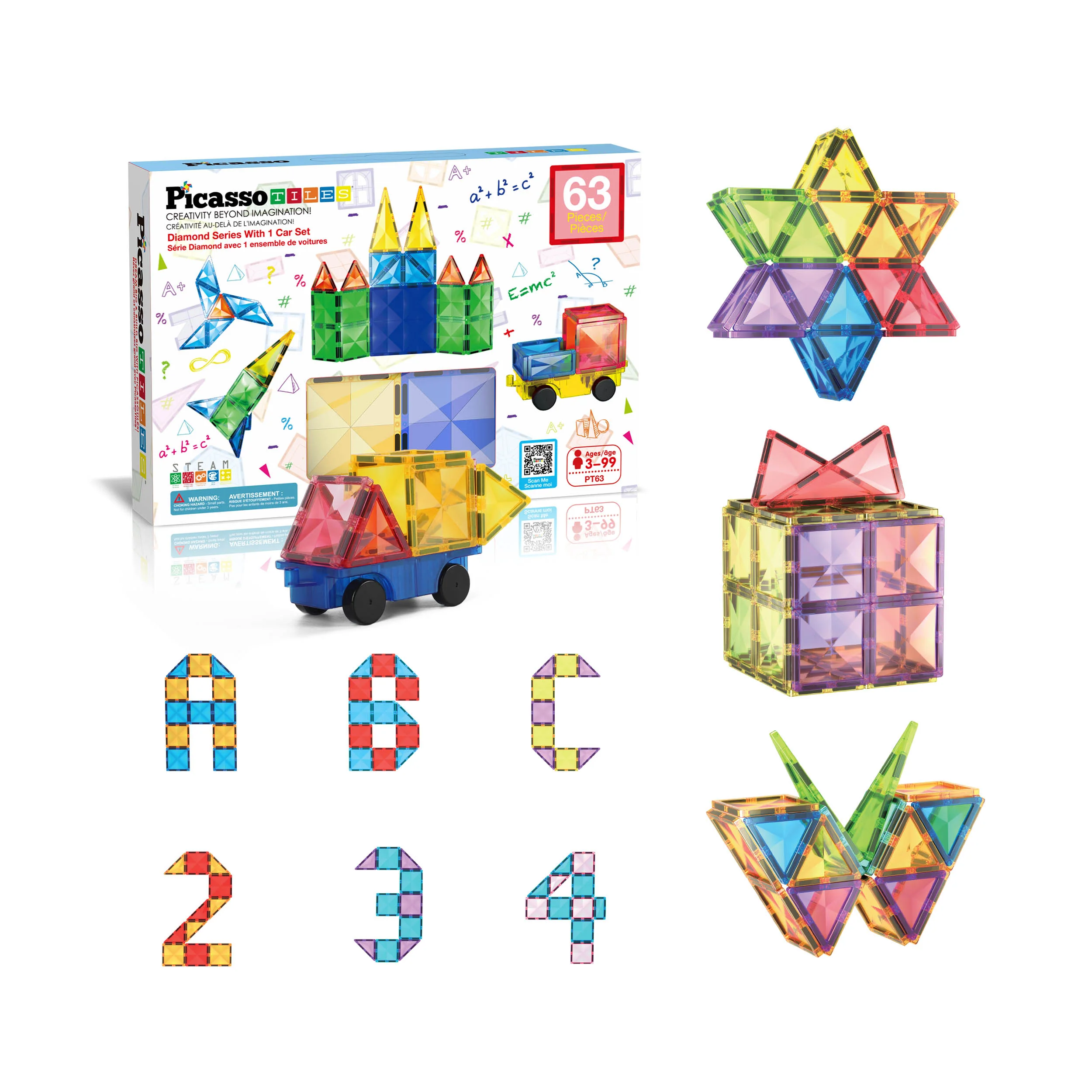 PicassoTiles Magnetic Tiles with Vehicle Base Building Block Set ( 63 Piece )