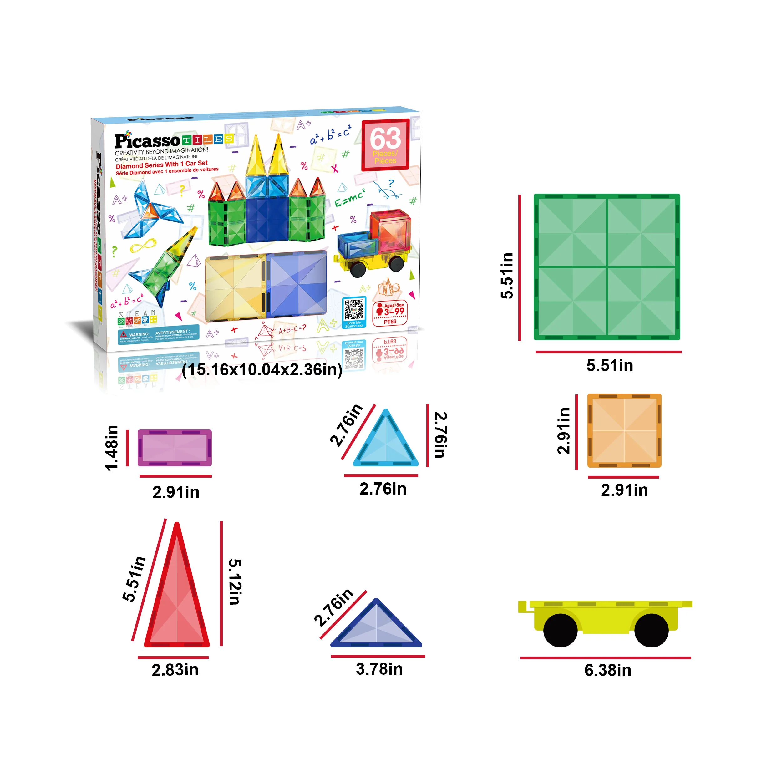 PicassoTiles Magnetic Tiles with Vehicle Base Building Block Set ( 63 Piece ) - Image 5