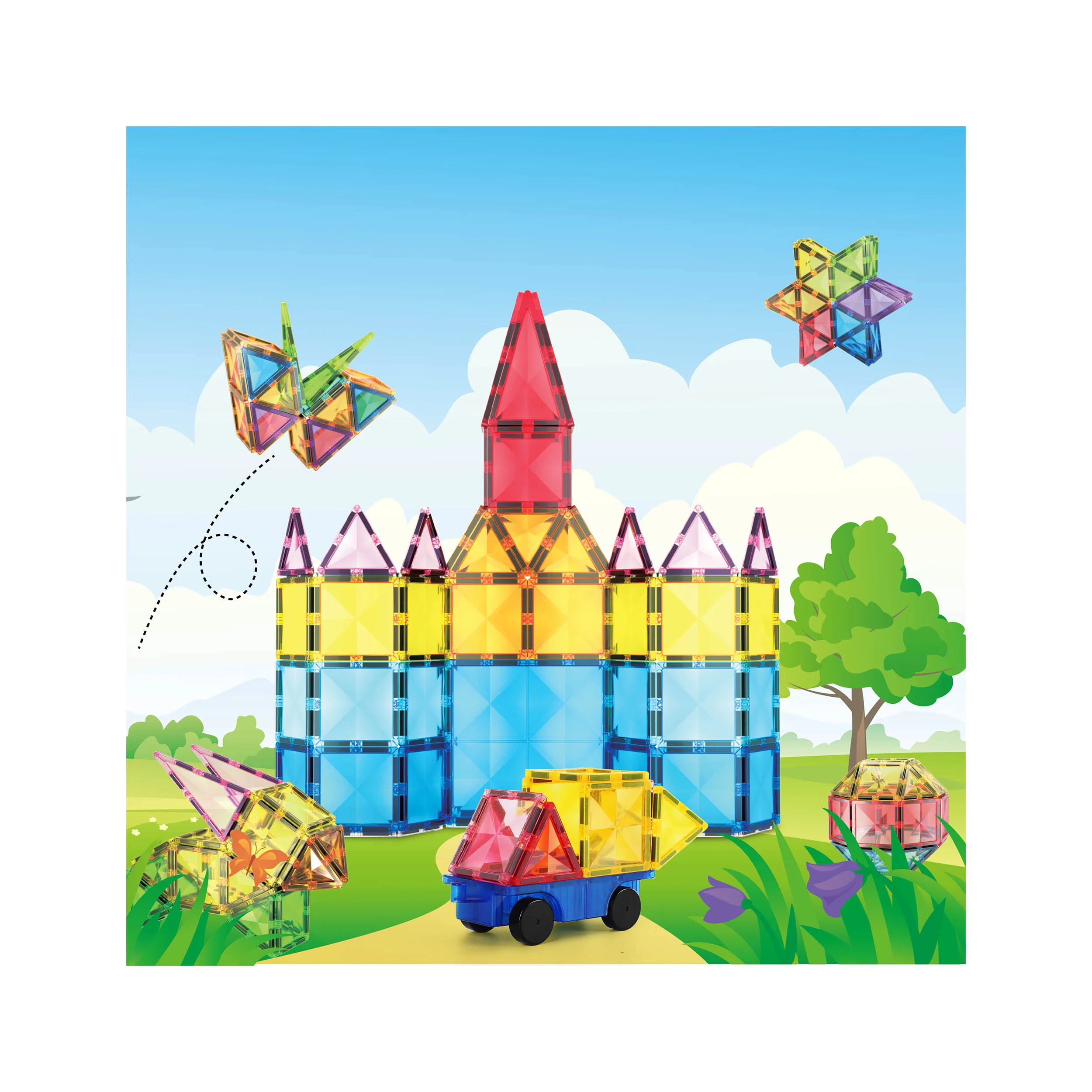 PicassoTiles Magnetic Tiles with Vehicle Base Building Block Set ( 63 Piece ) - Image 7