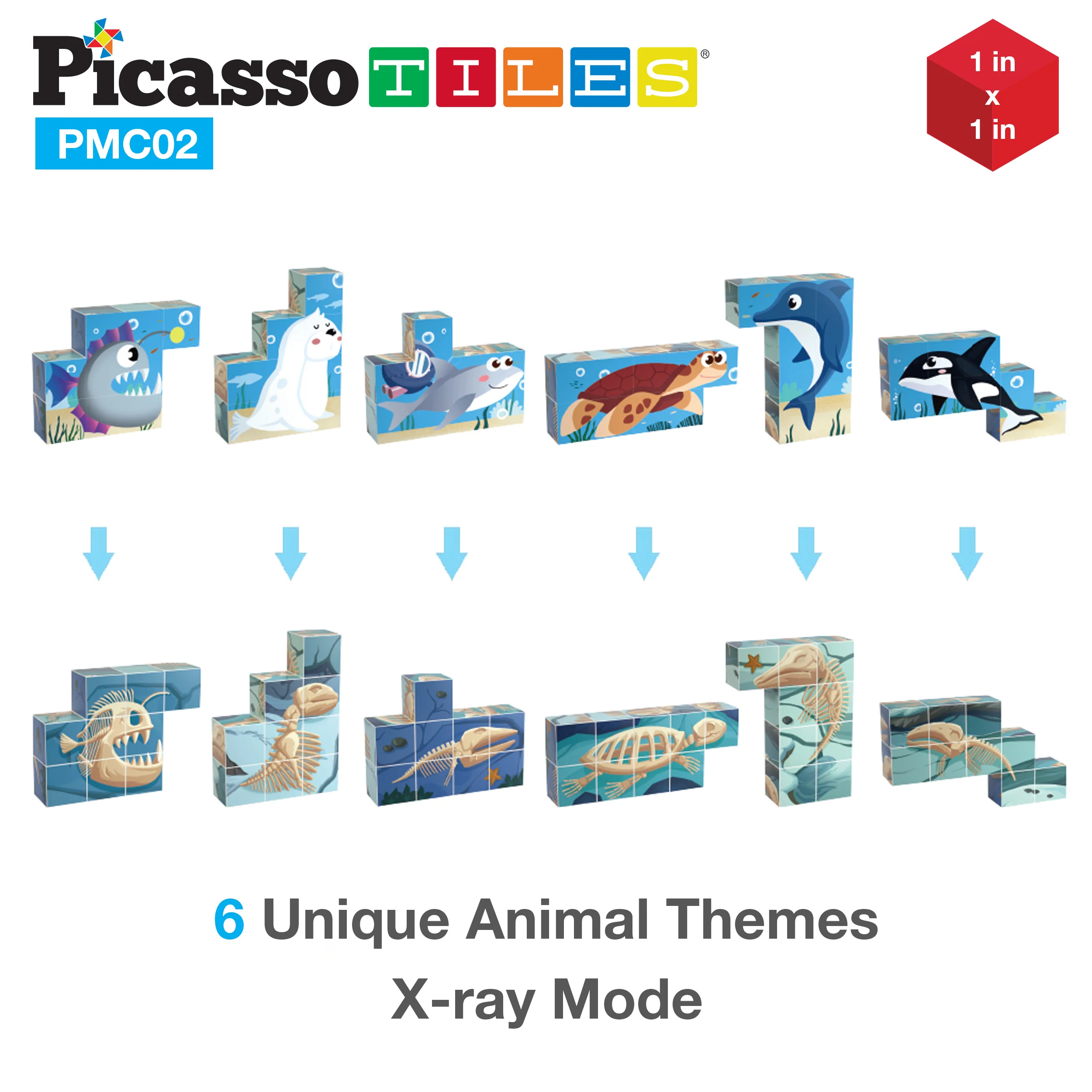 PicassoTiles 63pcs Sea Ocean Animal Magnetic Puzzle Cubes - Image 3