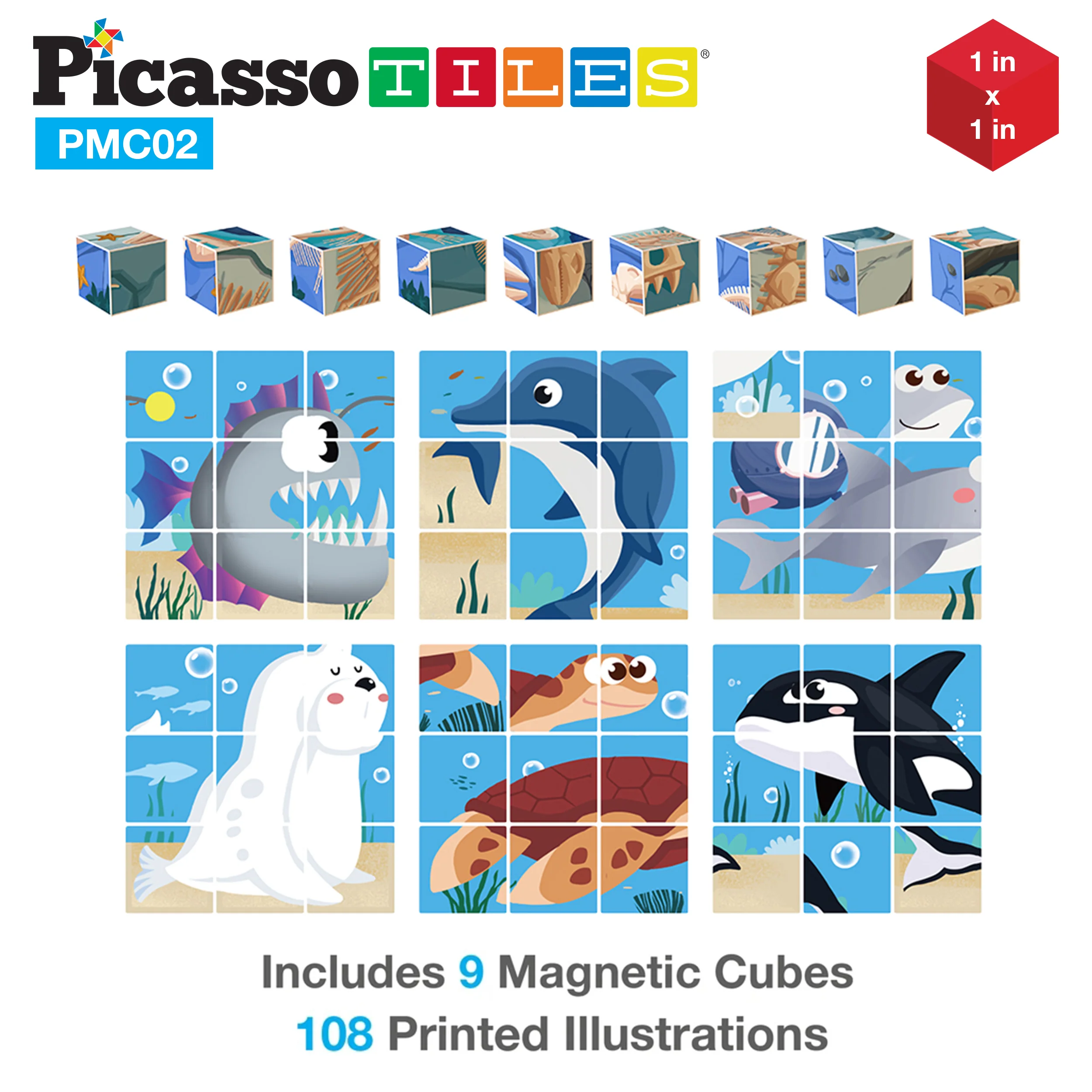 PicassoTiles 63pcs Sea Ocean Animal Magnetic Puzzle Cubes - Image 5