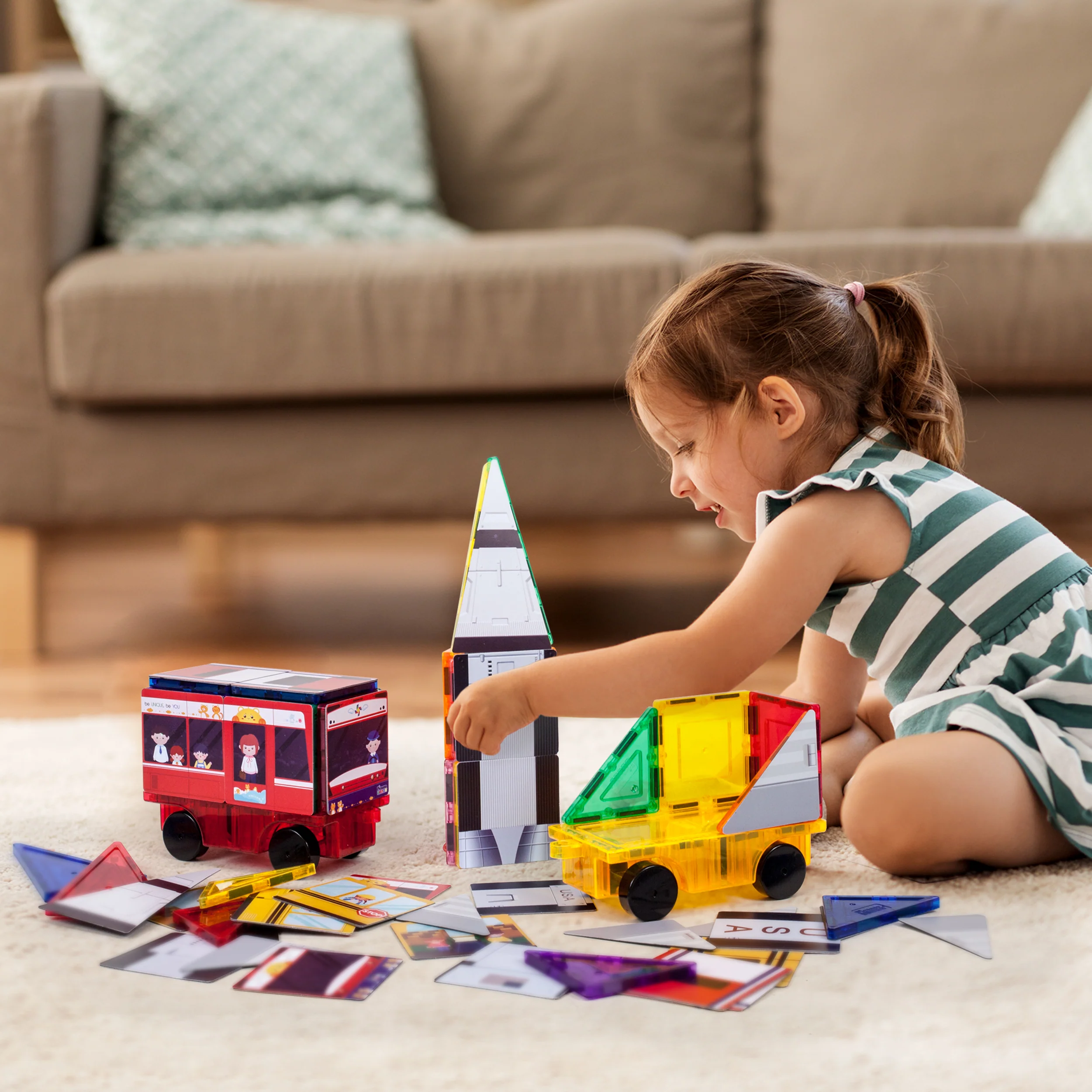 PicassoTiles 3in1 Rocket, Train, and Bus with Stick on Designs - Image 2