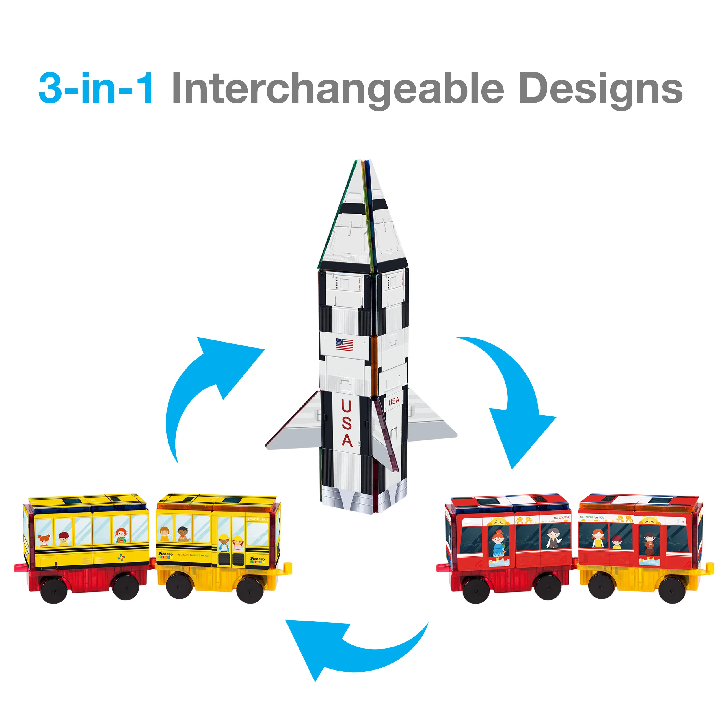 PicassoTiles 3in1 Rocket, Train, and Bus with Stick on Designs - Image 3