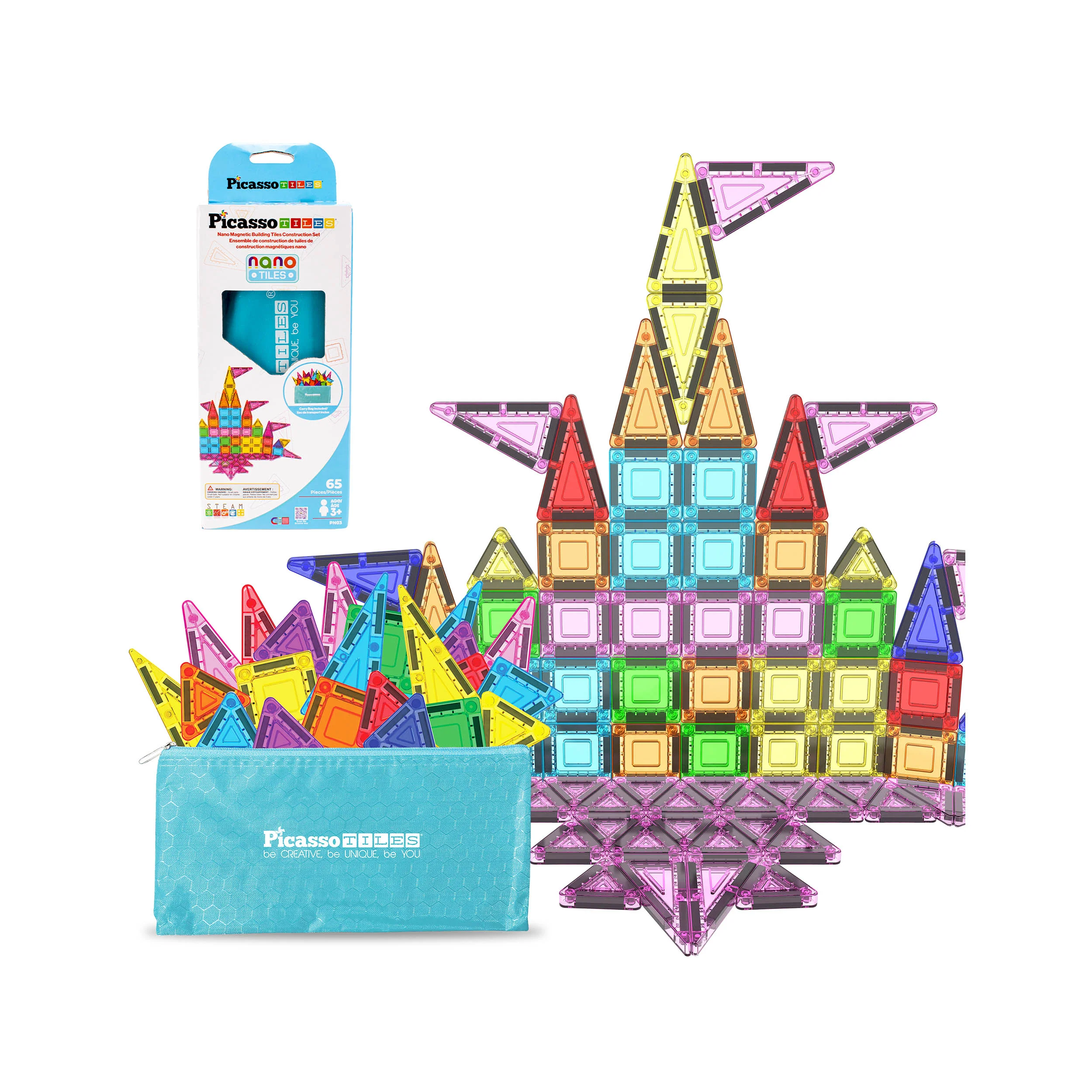 PicassoTiles Nano Magnetic Tiles Travel Set (65 Pieces) with Zipper Bag