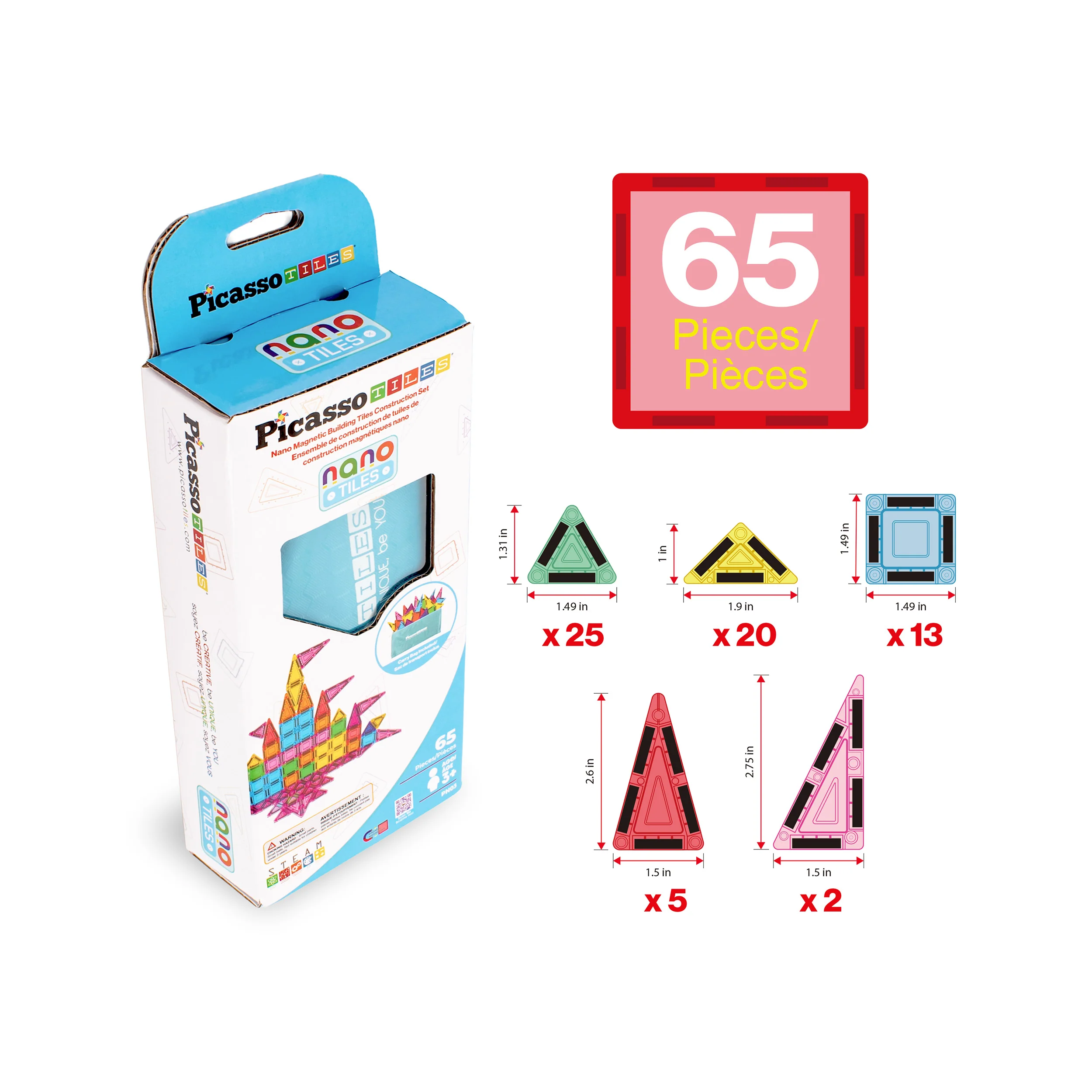 PicassoTiles Nano Magnetic Tiles Travel Set (65 Pieces) with Zipper Bag - Image 3