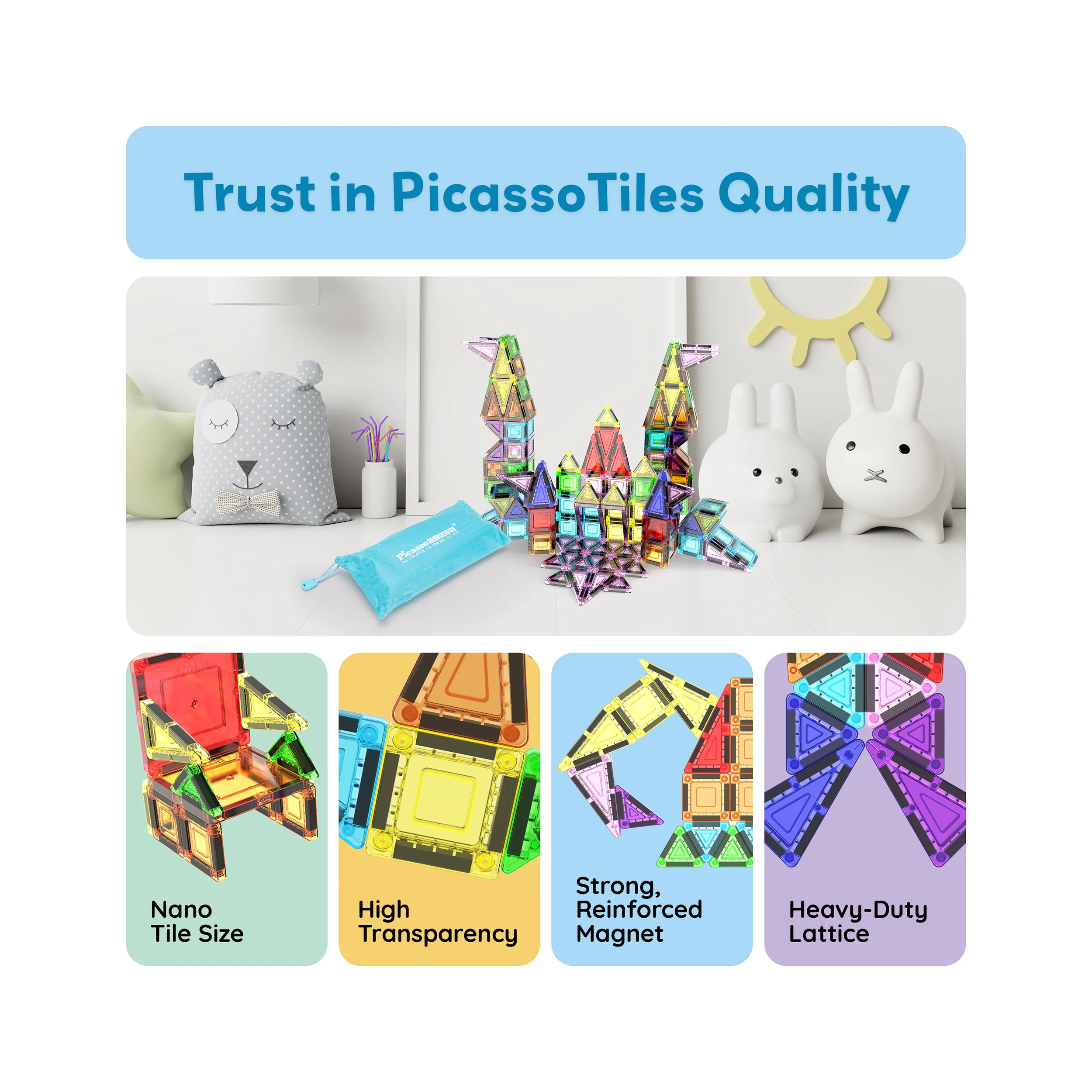 PicassoTiles Nano Magnetic Tiles Travel Set (65 Pieces) with Zipper Bag - Image 7