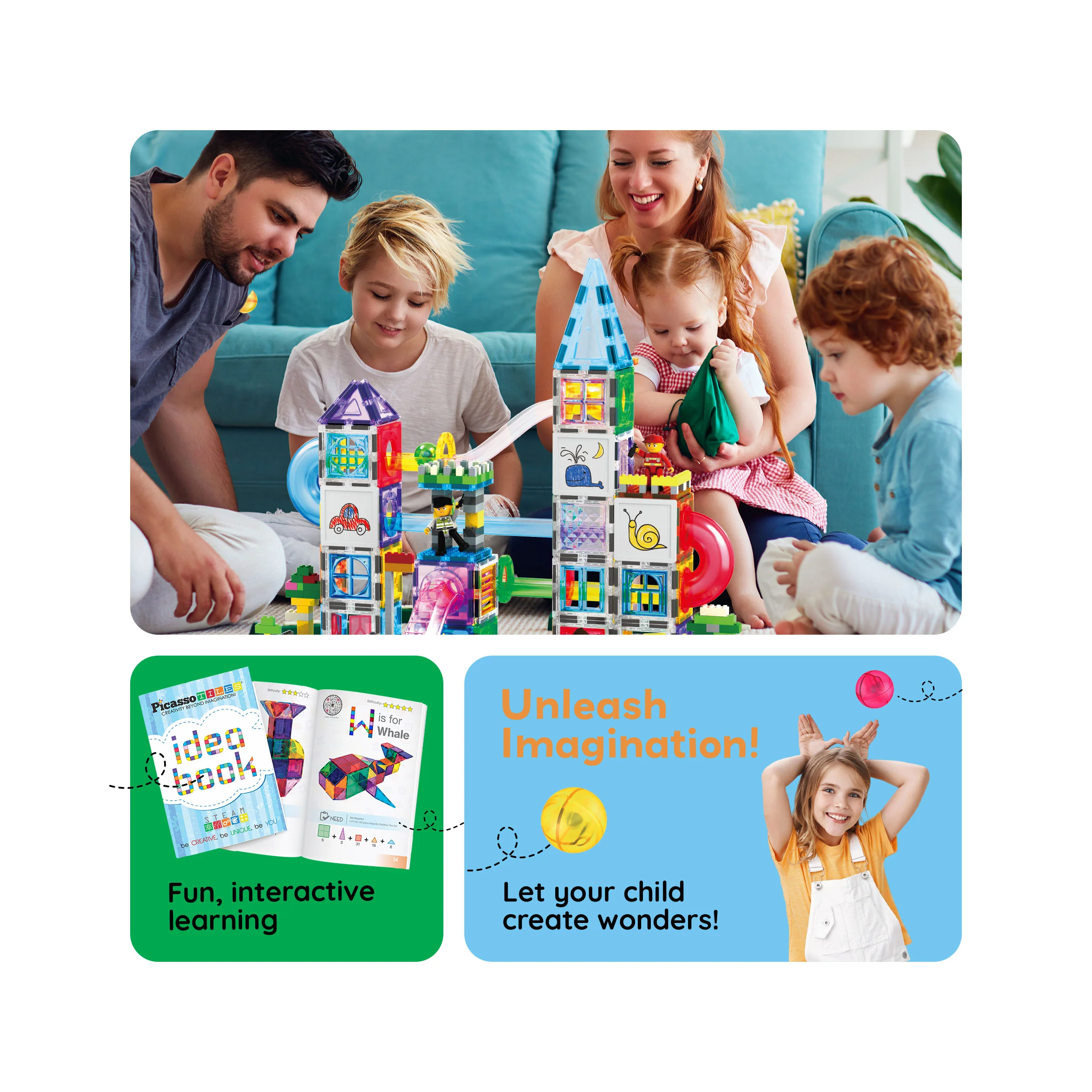 PicassoTiles Magnetic Tiles, Bricks & Marble Run Mega Set with Storage Bin (700 Pieces) - Image 6