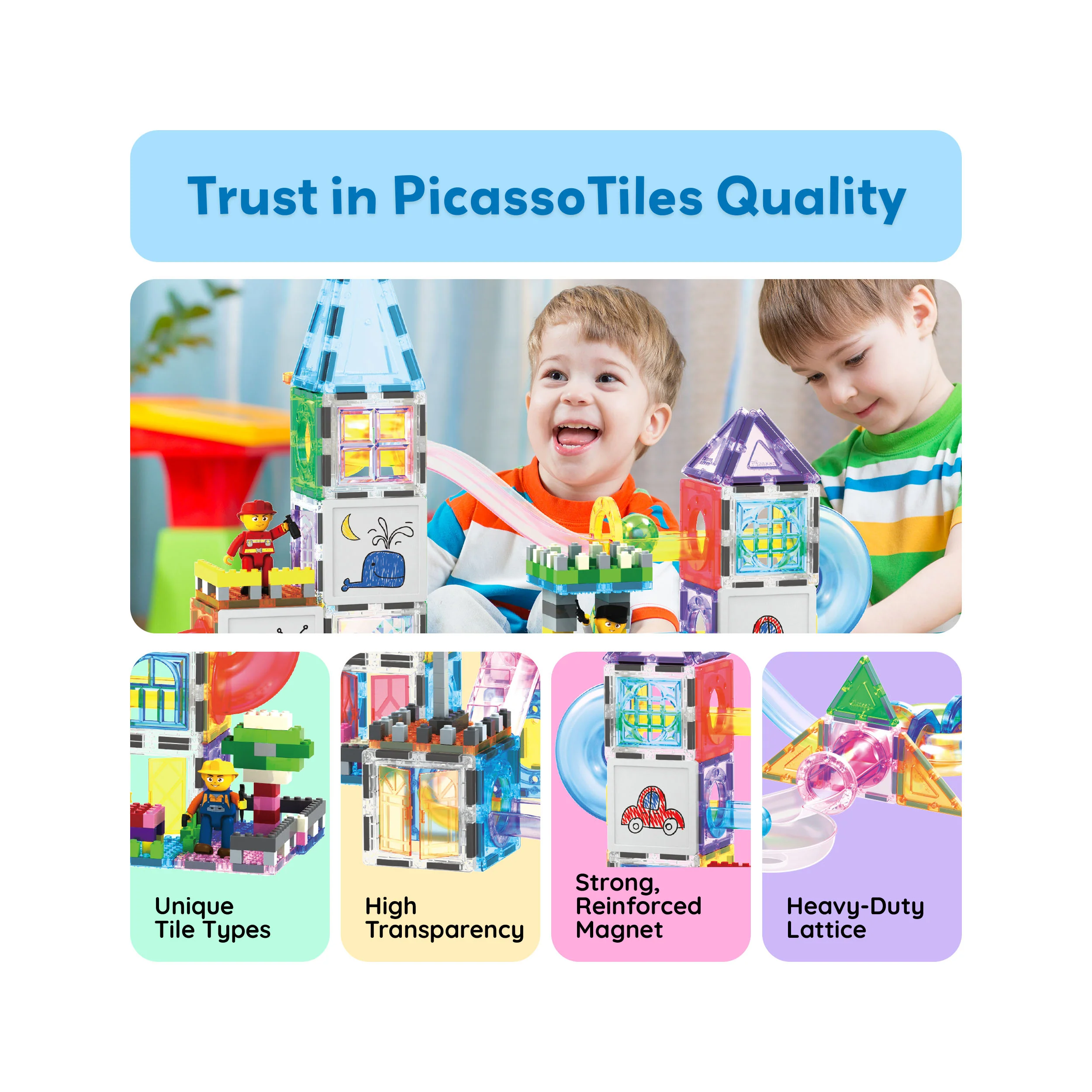 PicassoTiles Magnetic Tiles, Bricks & Marble Run Mega Set with Storage Bin (700 Pieces) - Image 7