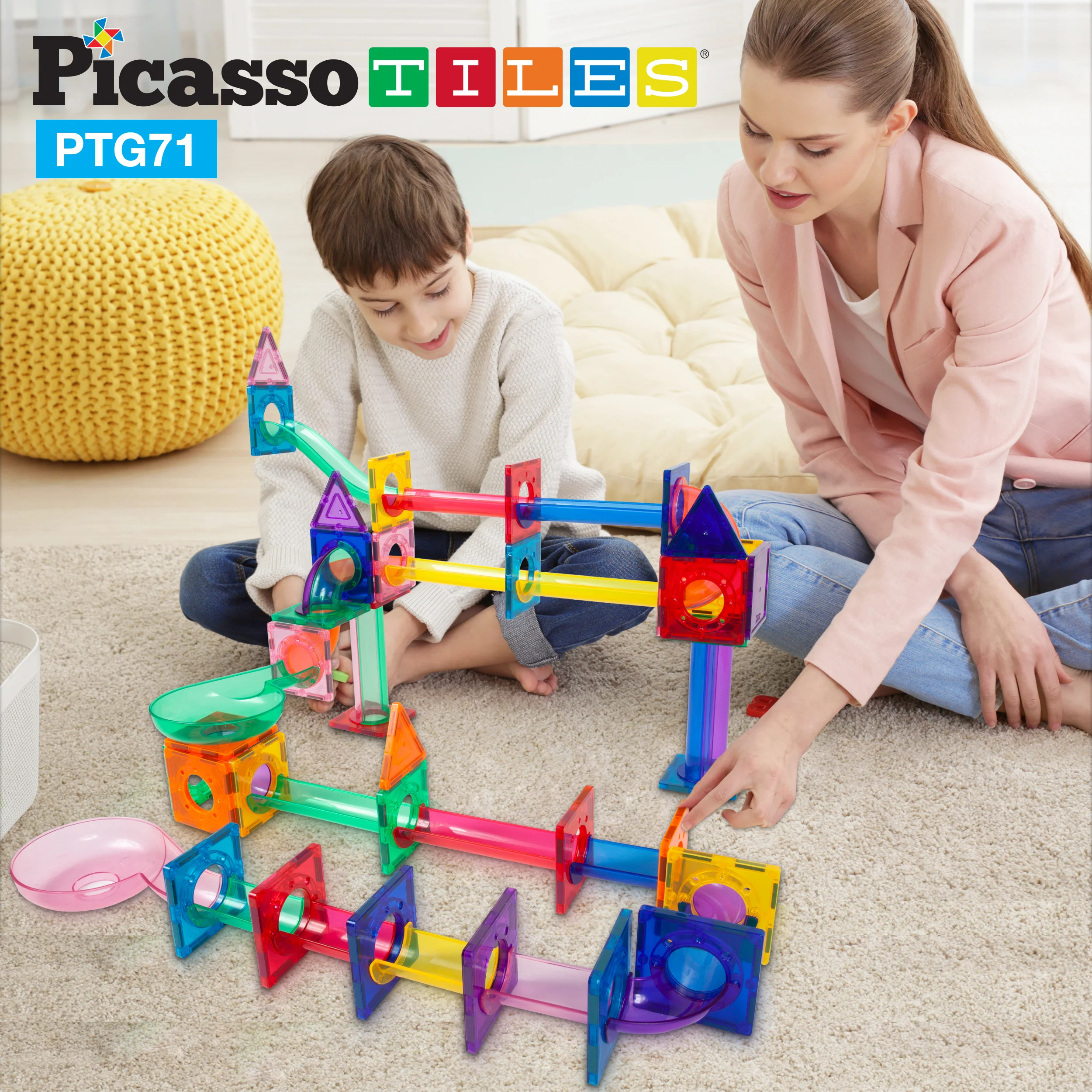 PicassoTiles 71pc Marble Run Building Blocks Connecting Set - Image 2